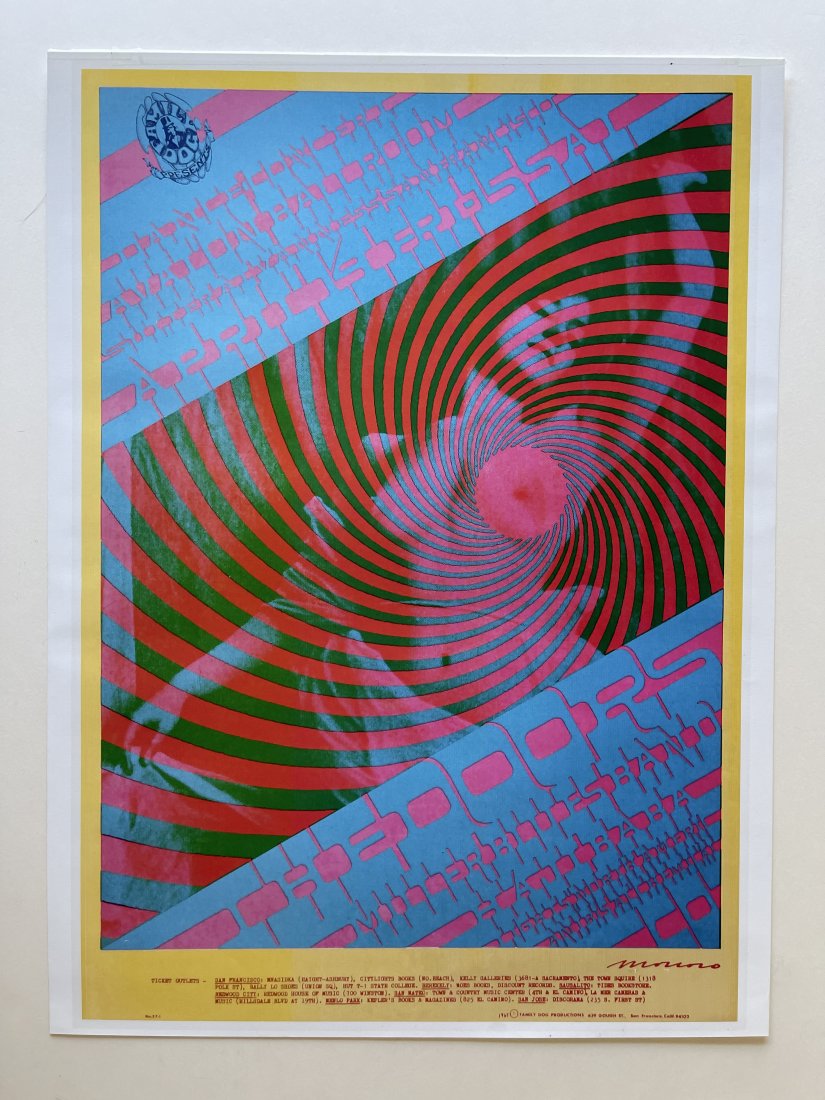 DOORS - MILLER - REPRINT - AVALON: Avalon poster features the Doors, the (Steve) Miller Blues Band and Haji Baba for an April 1967 performance. The design was created by Victor Moscoso. Copied art printed on digital printer.