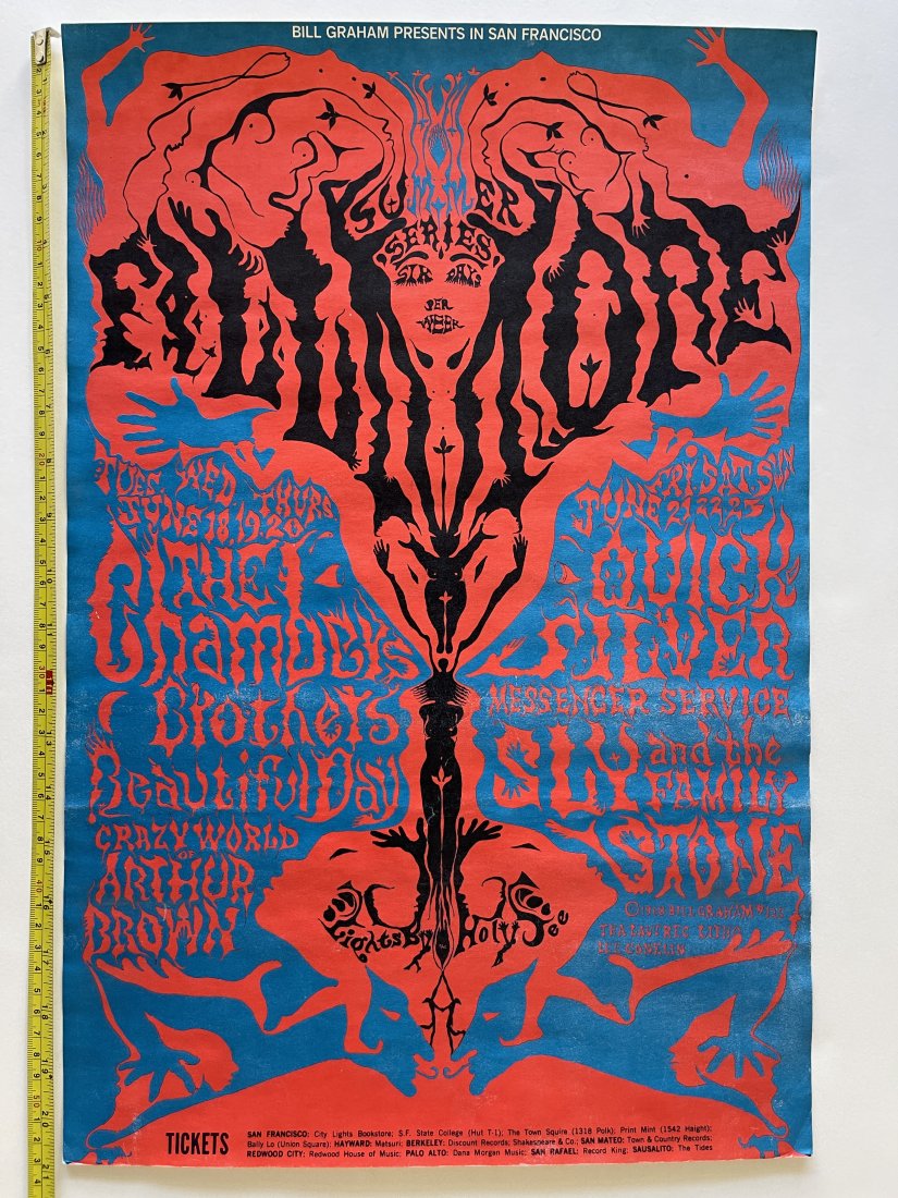 The Chambers Brothers / Sly Family Stone BG125 1st: 1968 art by Lee Conklin - whoâ€™s famous Summer Series poster featuring naked-ladies lettering did a lot with just three colors. Erupting like a genie from its magic lamp, the offerings cascade d