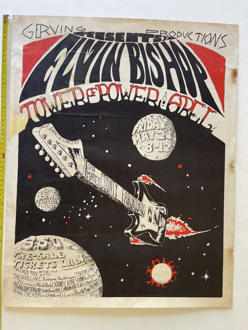 ELVIN BISHOP / TOWER OF POWER San Mateo 1971: ELVIN BISHOP / TOWER OF POWER San Mateo County Fairground. Rare from 1971. Art by Mike Oâ€™Callahan. About 19 - 1/2 x 25. Slight foxing on boarders. Slight creasing. Screen print.