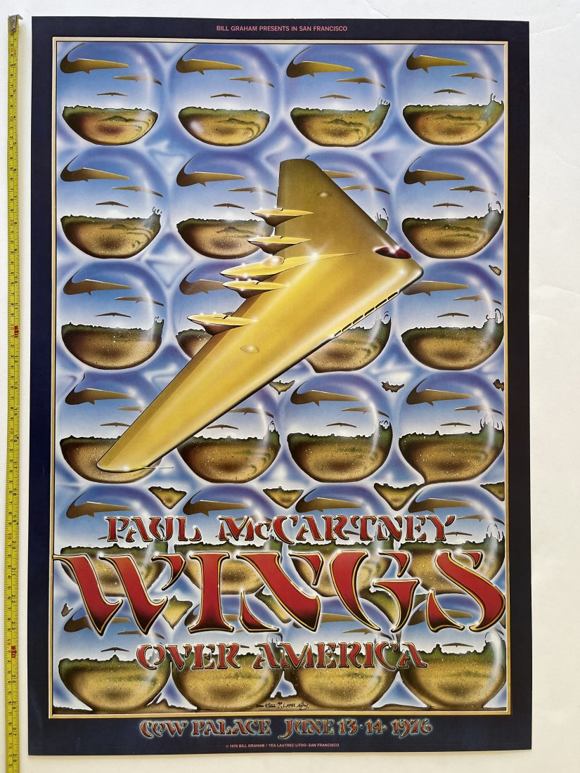 Wings Over America Cow Palace 1st: Rare 1976 collaboration by Alton Kelley, Randy Tuten and Stanley Mouse. Paul McCartney and Wings. 19 x 28.