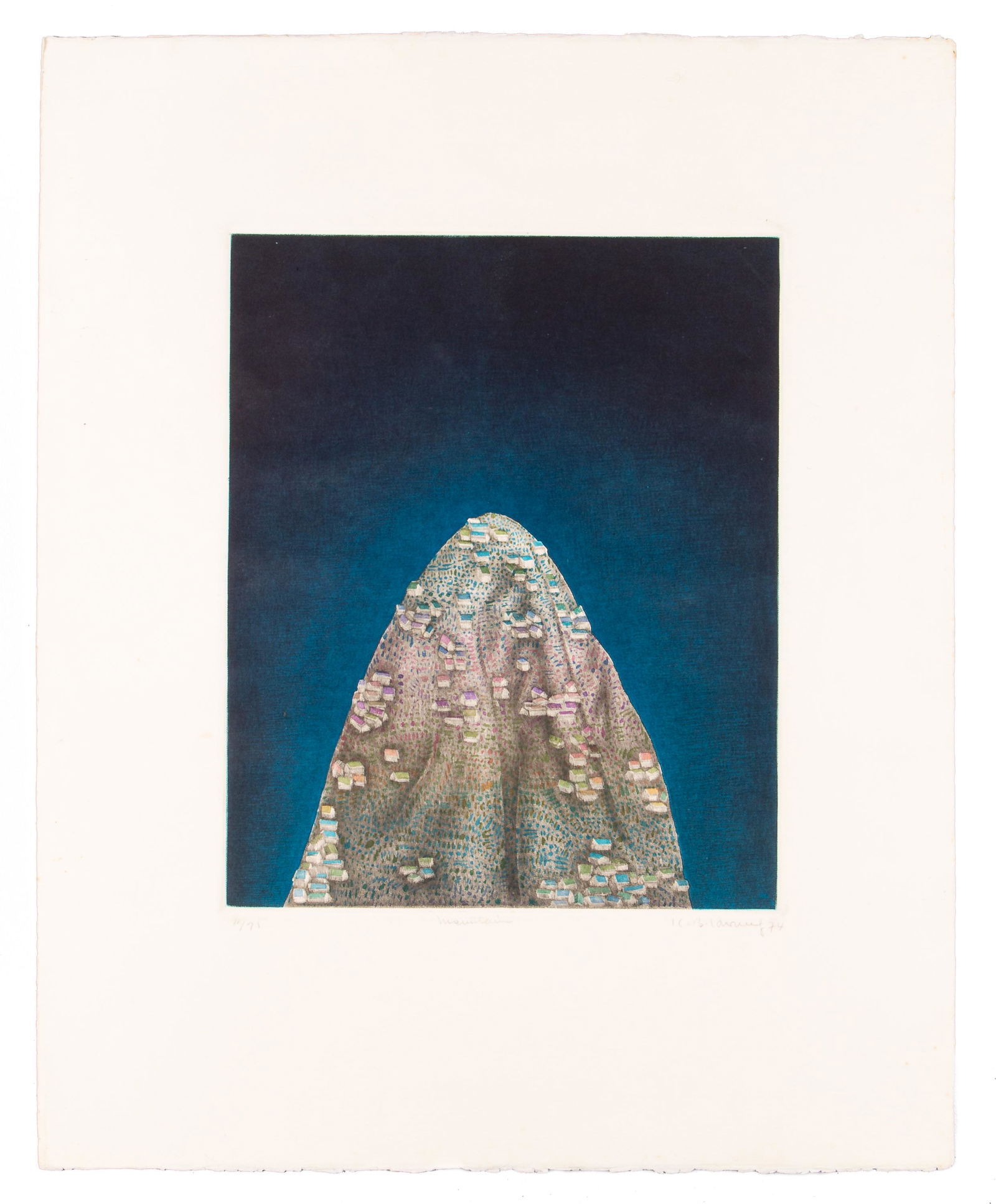 MOUNTAIN - Signed And Numbered Print: Signed and Numbered 11/75 - Mountain. 10-3/4" x 13". Artist unknown. Marked K.B. Lebouf? Luarouf? UNFRAMED. In the case where you have won art that is framed, PashCo offers an unframing service. This