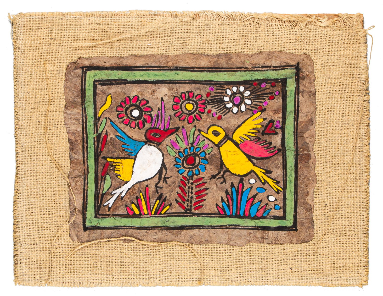 SET OF 2 BURLAP OIL PAINTINGS - Mexico: Burlap Original Painting with birds. Artist unknown. 11" x 8-1/2". Mounted on burlap. 14" x 18". Also - Bird painting painted on amate paper, original amate paintings in Mexican art, acrylic painting 