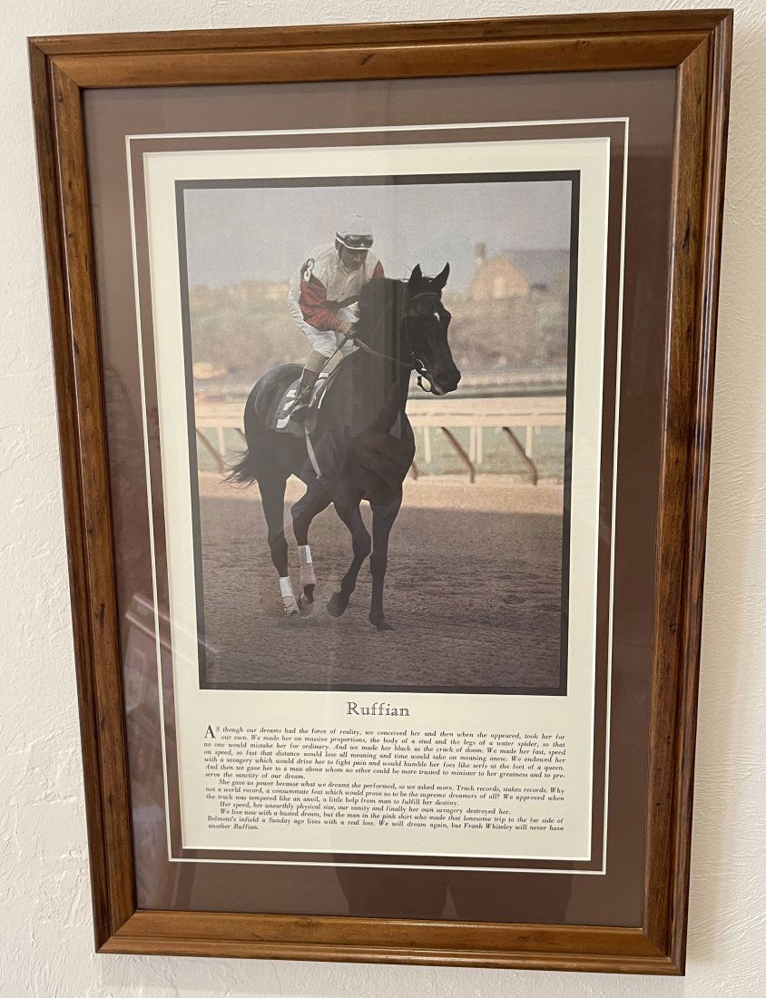 FRAMED PHOTO OF RUFFIAN: FRAMED PHOTO OF RUFFIAN. Ruffian (April 17, 1972 – July 7, 1975) was an American Thoroughbred racehorse who won ten consecutive races, including the Acorn, Mother Goose and Coaching Club America