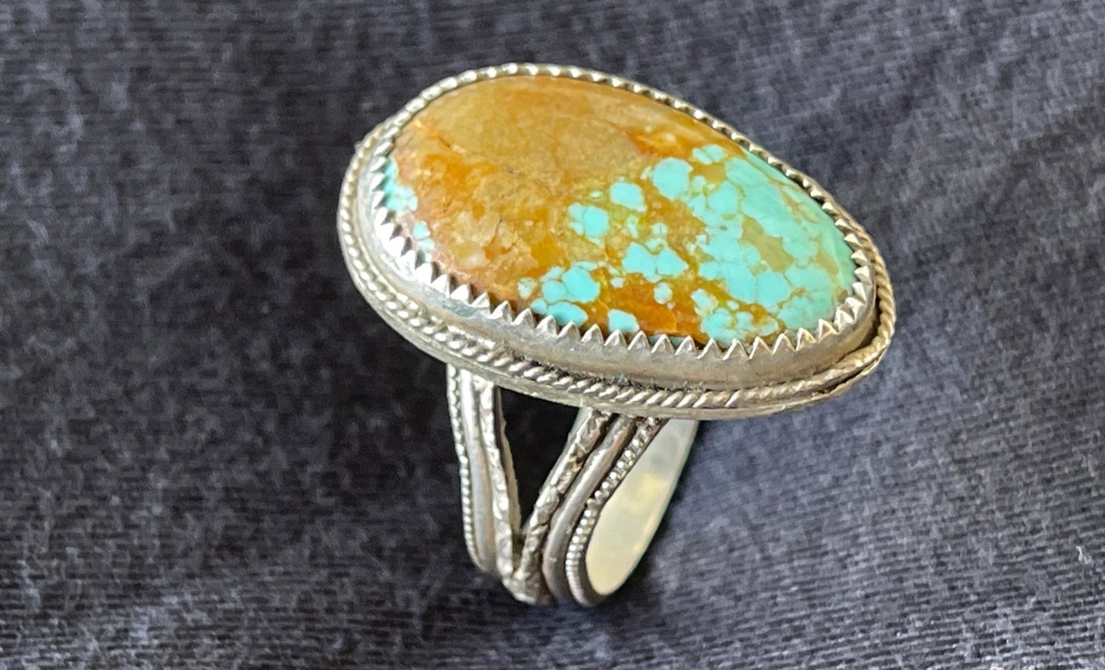 #8 Turquoise Natural Stabilized: #8 Turquoise Natural Stabilized (Eric Scott), Silversmith, .925 Silver, Ron Singer, $125-150. Size US 9.75. Total Weight 9.4gm