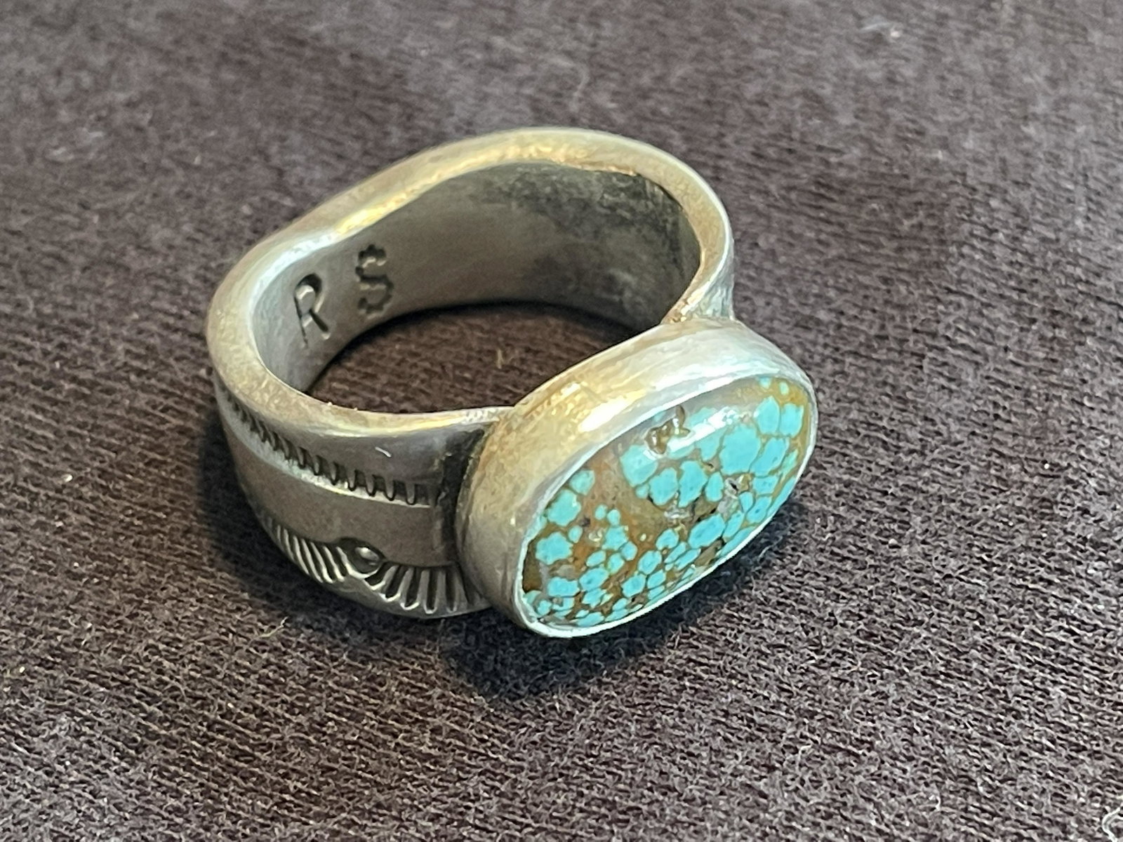 #8 Turquoise Natural Stabilized: #8 Turquoise Natural Stabilized (Eric Scott), Hand Forged, .925 Silver, Ron Singer, $150-200. Size US 7.5. Total Weight 15.2gm