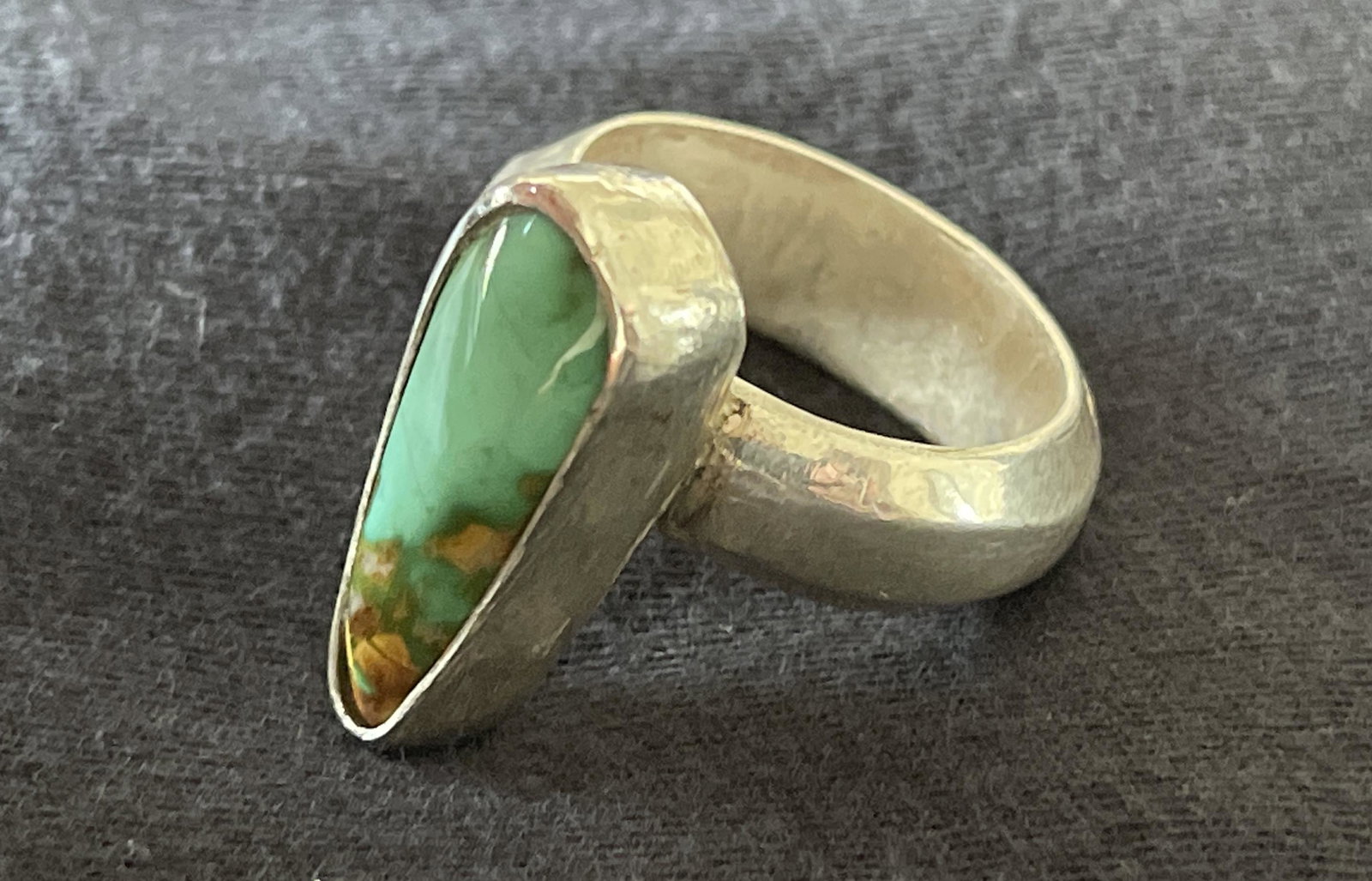Royston Turquoise Natural: Royston Turquoise Natural (Eric Scott), Hand Forged, .999 silver, Ron Singer, $175-225. Size US 9. Total Weight 15.6gm