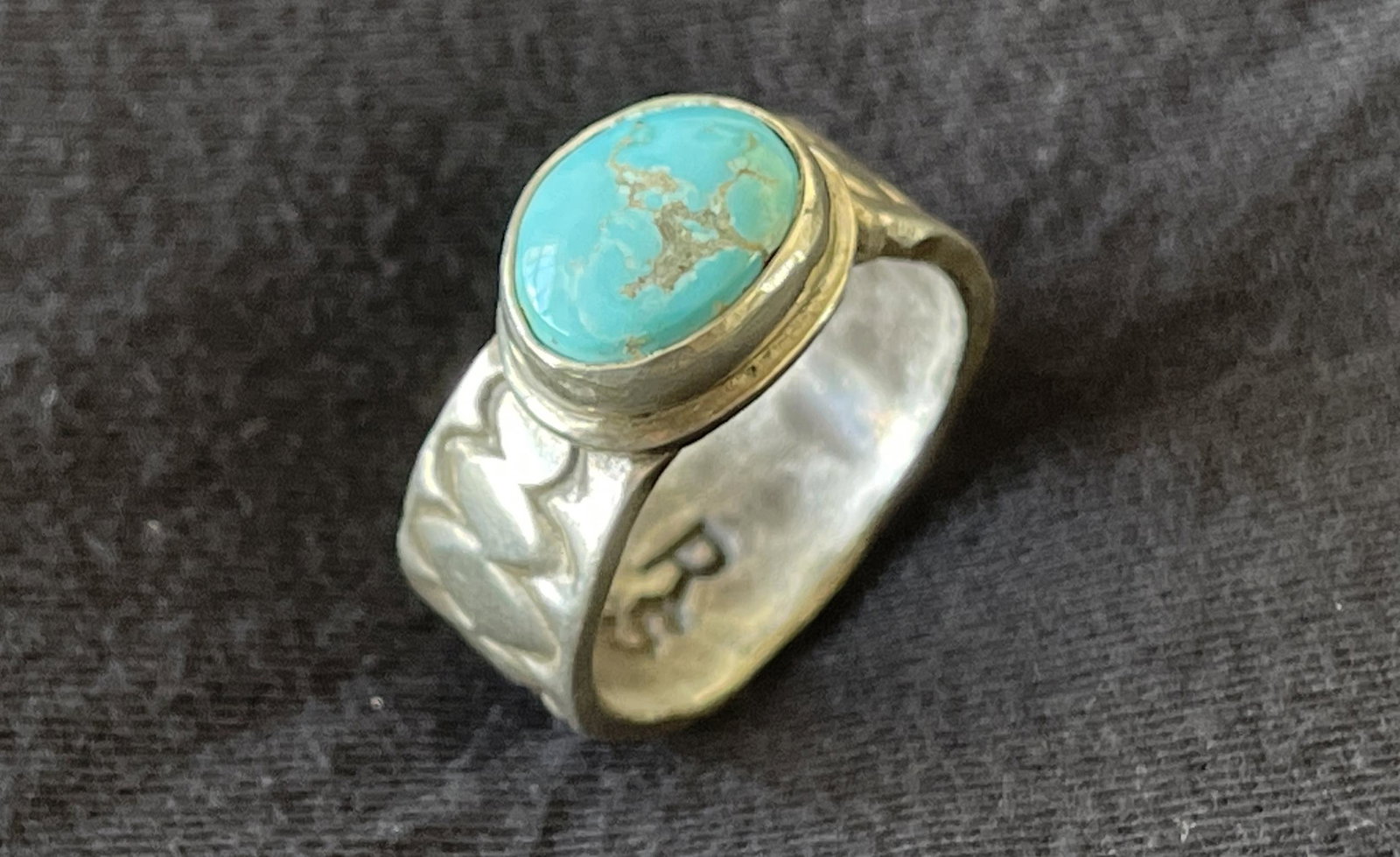 Morenci Turquoise Natural: Morenci Turquoise Natural (Santa Fe Jewelry Supply), Hand Forged, .900 silver, Ron Singer, $150-175. Size US 9. Total Weight 10gm