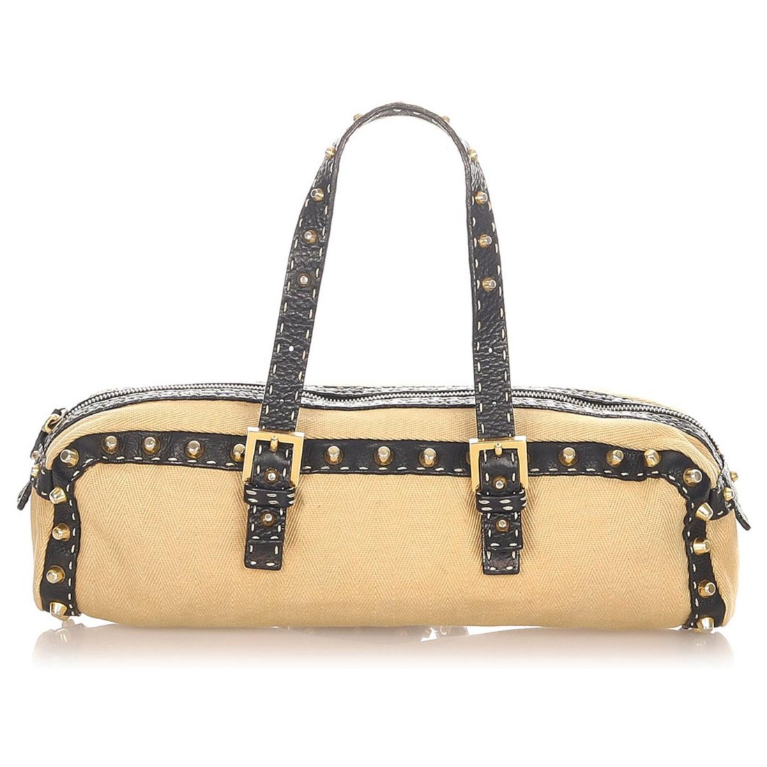 Fendi Brown Selleria Canvas Handbag Black Beige: Fendi Brown Selleria Canvas Handbag Black Beige WITH PROPER SERIAL NUMBER PLATE AND ALL CORRECT MARKINGS. SLIGHTLY USED. ADJUSTABLE. This handbag features a canvas body with leather trim, flat leather