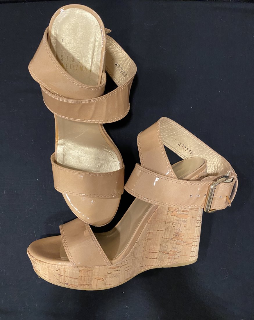 Stuart Weitzman Xray Wedge Sandal: Stuart Weitzman Xray wedge sandal Nude patent leather Size 5.5 with box and duster bag. Stuart A. Weitzman (born 1941) is an American shoe designer, entrepreneur, philatelist, and founder of the shoe