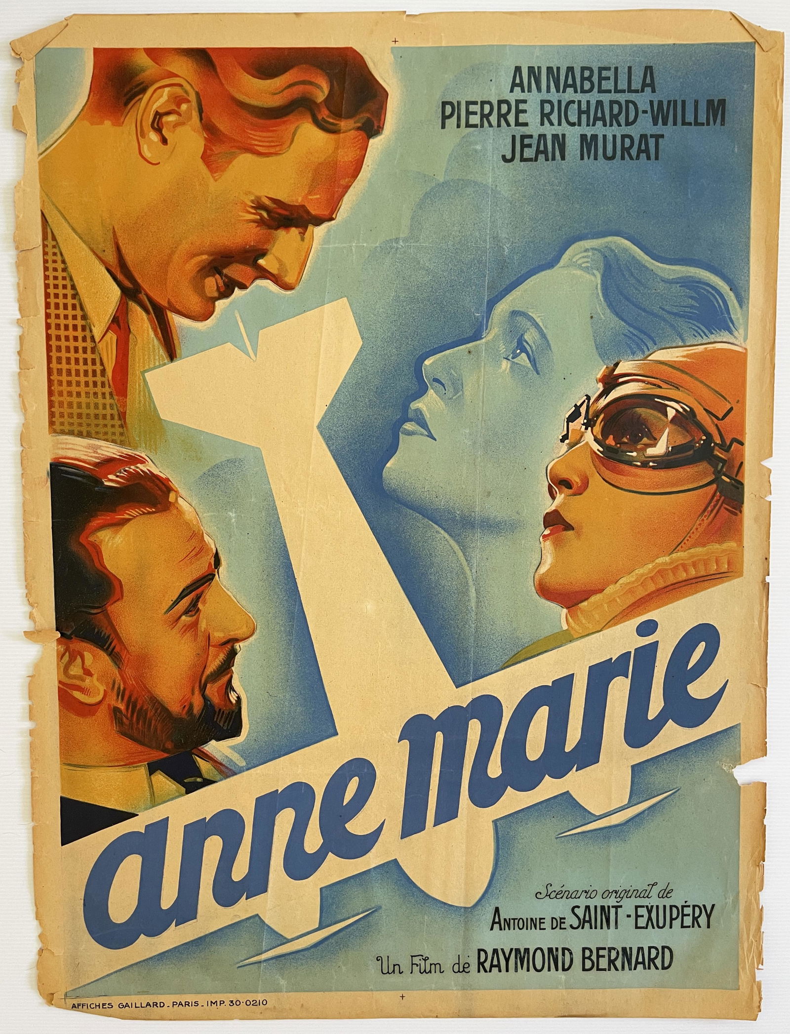Anne-Marie (Aurea-Films 1936) French Affiche: Raymond Bernards film of a script by Antoine de Saint-Exupery (The Little Prince) about a young woman who aspires to become a pilot. 1936. 23 x 31. Anne-Marie (Aurea-Films, 1936). French Affiche (23 X