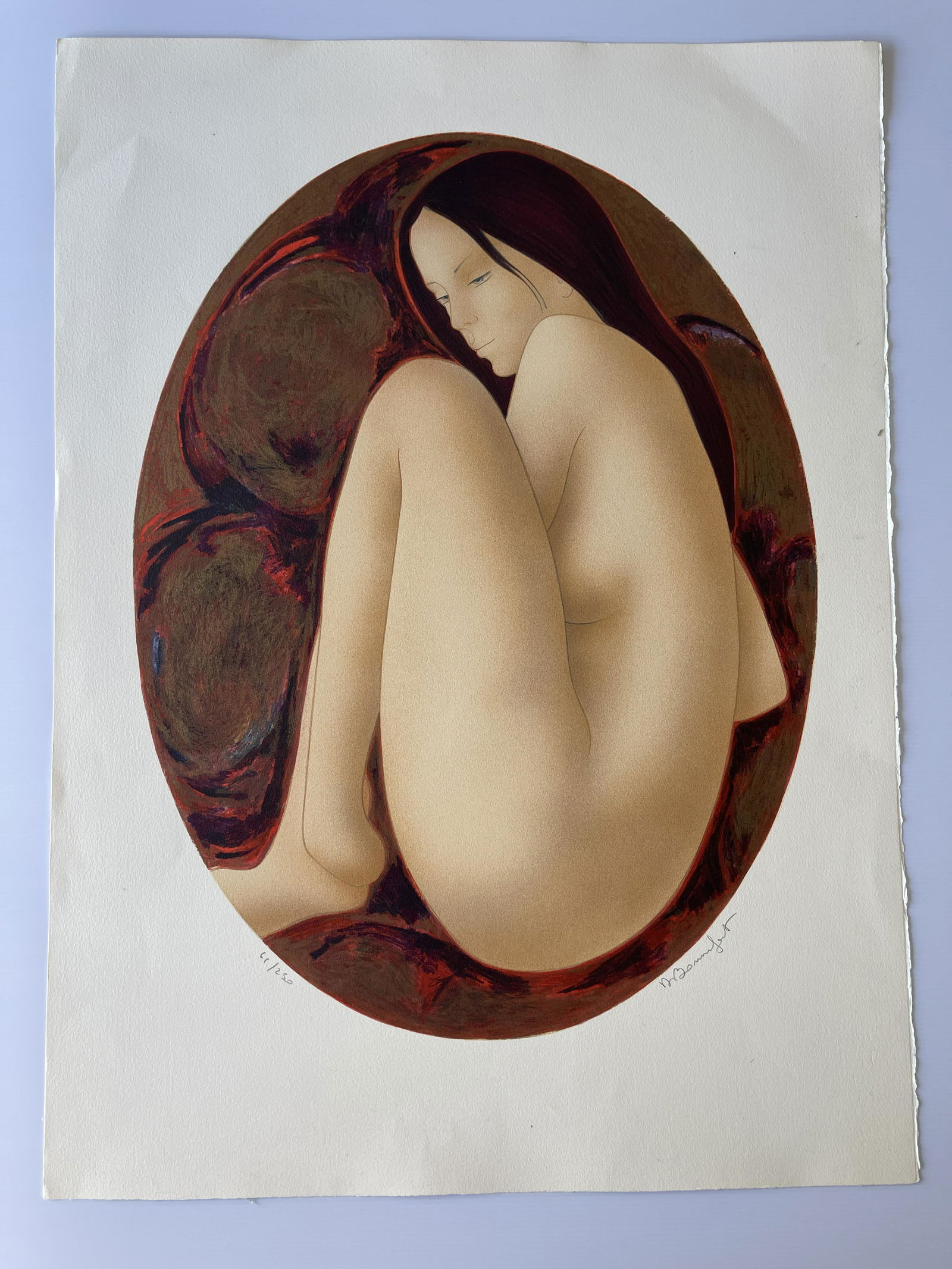 Alain Bonnefoit, Nu Accroupi, Seated Brunette Nude, 1981 Lithograph on Arches: Alain Bonnefoit, Nu Accroupi, Seated Brunette Nude, 1981 Lithograph on Arches. NUDE - SIGNED & NUMBERED PRINT ON TEXTURED POSTER PAPER. 22 X 30. # 61 / 250.
