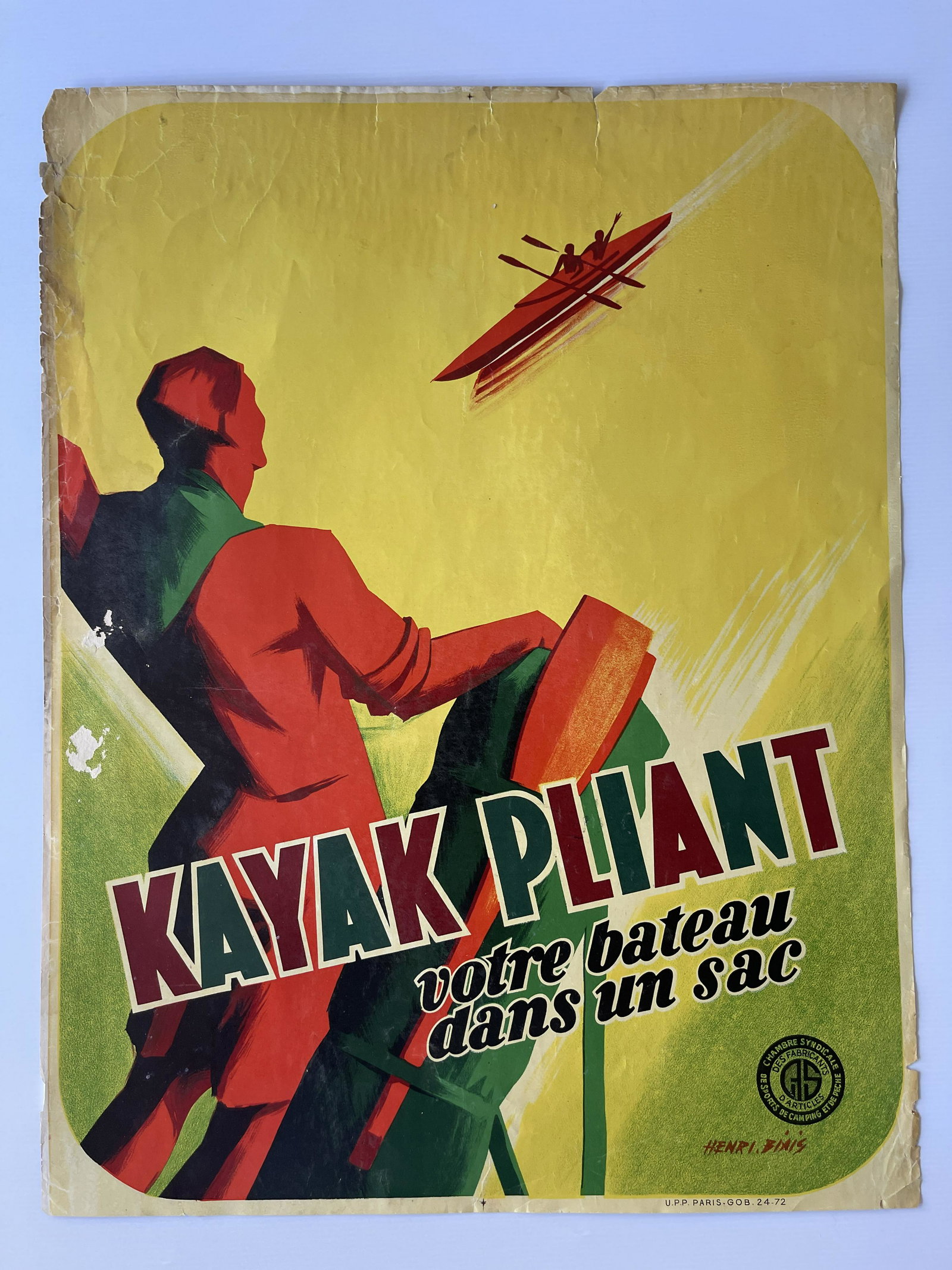 WATER KAYAK 1930: Original vintage poster WATER KAYAK. 1930 20 x 26 signed in plate by Henri Biais. Thin poster paper.