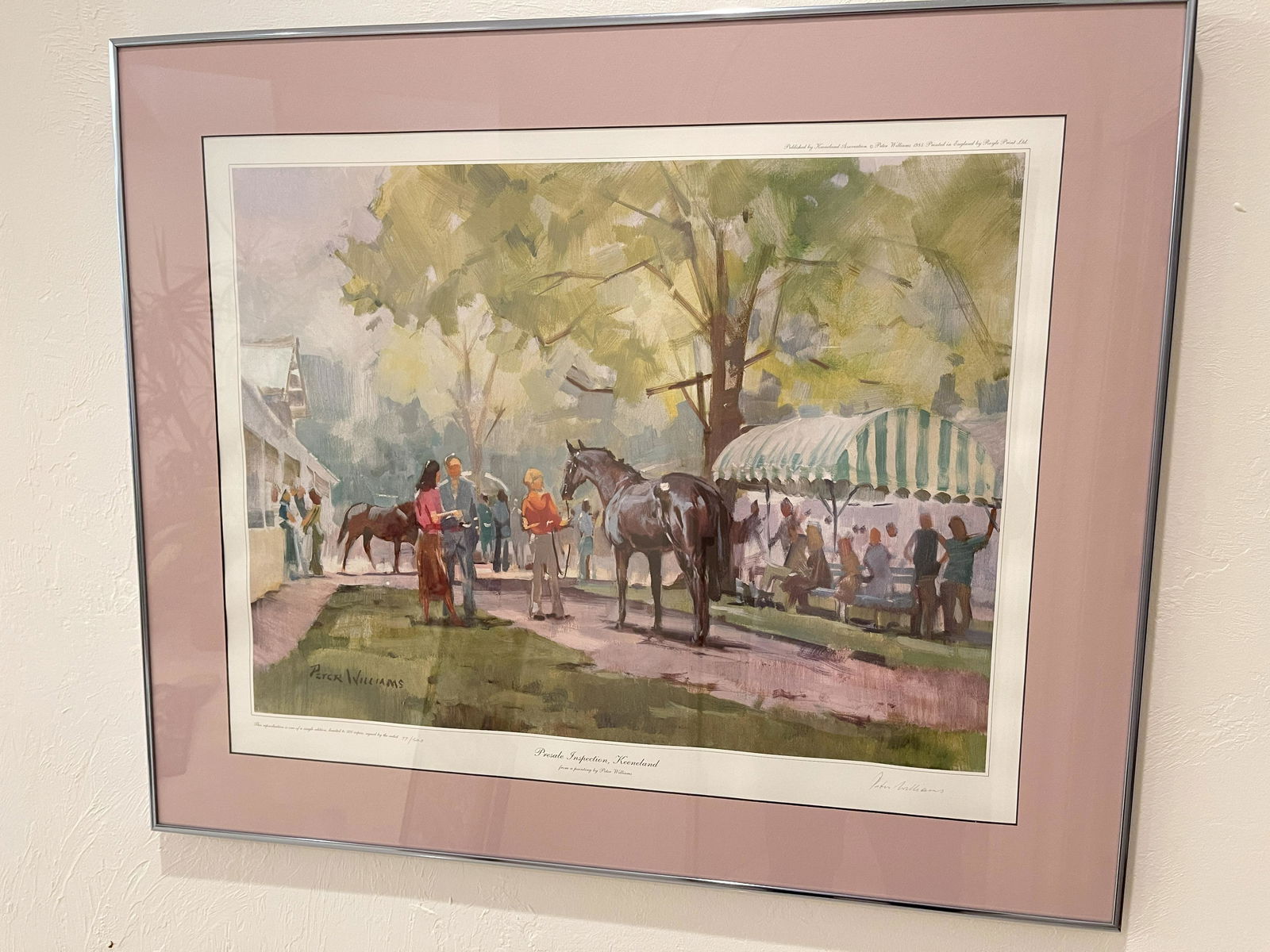 SIGNED & NUMBERED PETER WILLIAMS LITHO - PRESALE INSPECTION: SIGNED and NUMBERED PETER WILLIAMS PRINT. #77/500. TITLED: PRESALE INSPECTION, KEENELAND. MATTED 26 INCHES TALL. Peter Williams (New Zealand/America; 1934- 2018) Presale Inspection, Keeneland, late 20