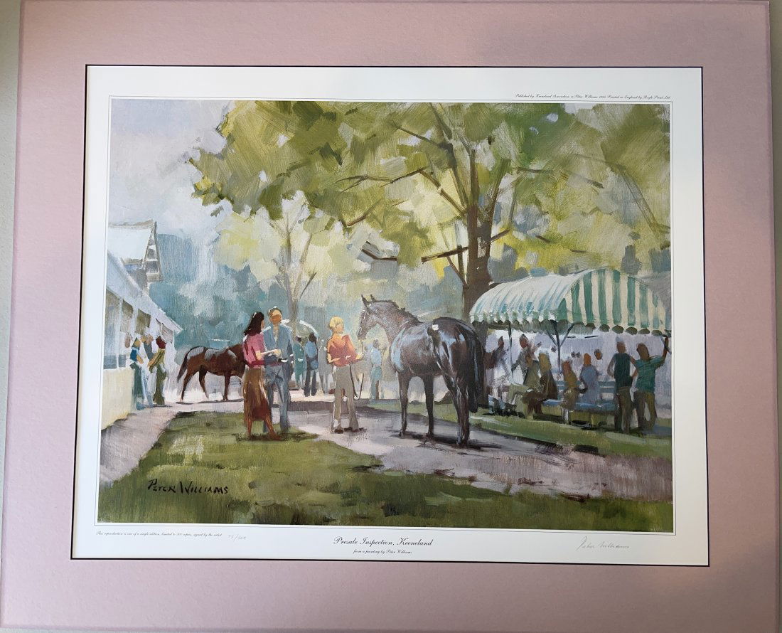 SIGNED & NUMBERED PETER WILLIAMS LITHO - PRESALE INSPECTION: SIGNED and NUMBERED PETER WILLIAMS PRINT. #75/500. TITLED: PRESALE INSPECTION, KEENELAND. MATTED 26 INCHES TALL. Peter Williams (New Zealand/America; 1934- 2018) Presale Inspection, Keeneland, late 20