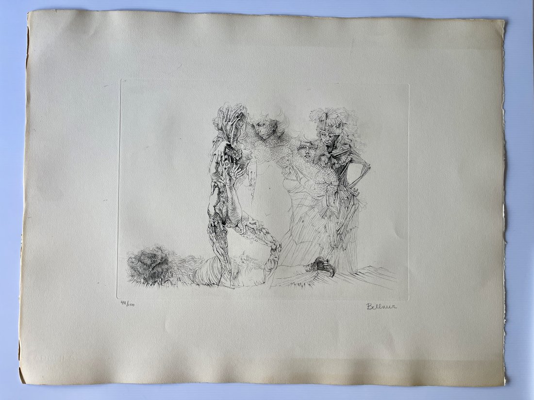 HANS BELLMER Signed Limited Edition Etching The Four Girls: HANS BELLMER Signed Limited Edition Etching NUDE WOMEN. #44 / 100. This is an original hand signed drypoint etching by Hans Bellmer titled "Les Quatre Filles" (The Four Girls). This surrealist erotic