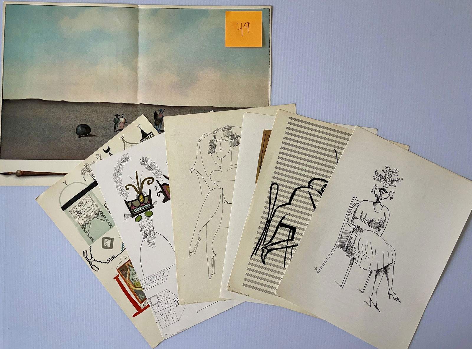 SAUL STEINBERG LITHO SET #1 with 14 LITHOS: #49SAUL STEINBERGDerrier le Miroir 205Printed in 1973 for Derriere le Miroir and published in Paris by Maeght.Dimensions: Height: 14.26 in (36.2 cm) x Width: 21.86 in (55.5 cm)There is a center fold a