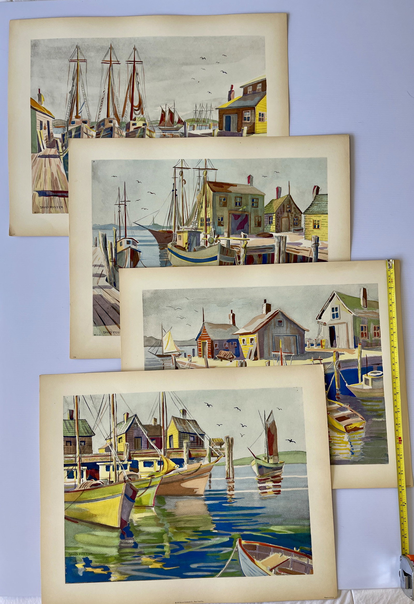 FOUR DAVID FOSTER HARBOR LITHOS: FOUR DAVID FOSTER HARBOR LITHOS. 1952 - BERNARD GOLDSMITH. Each are 15 inches tall on heavy stock.