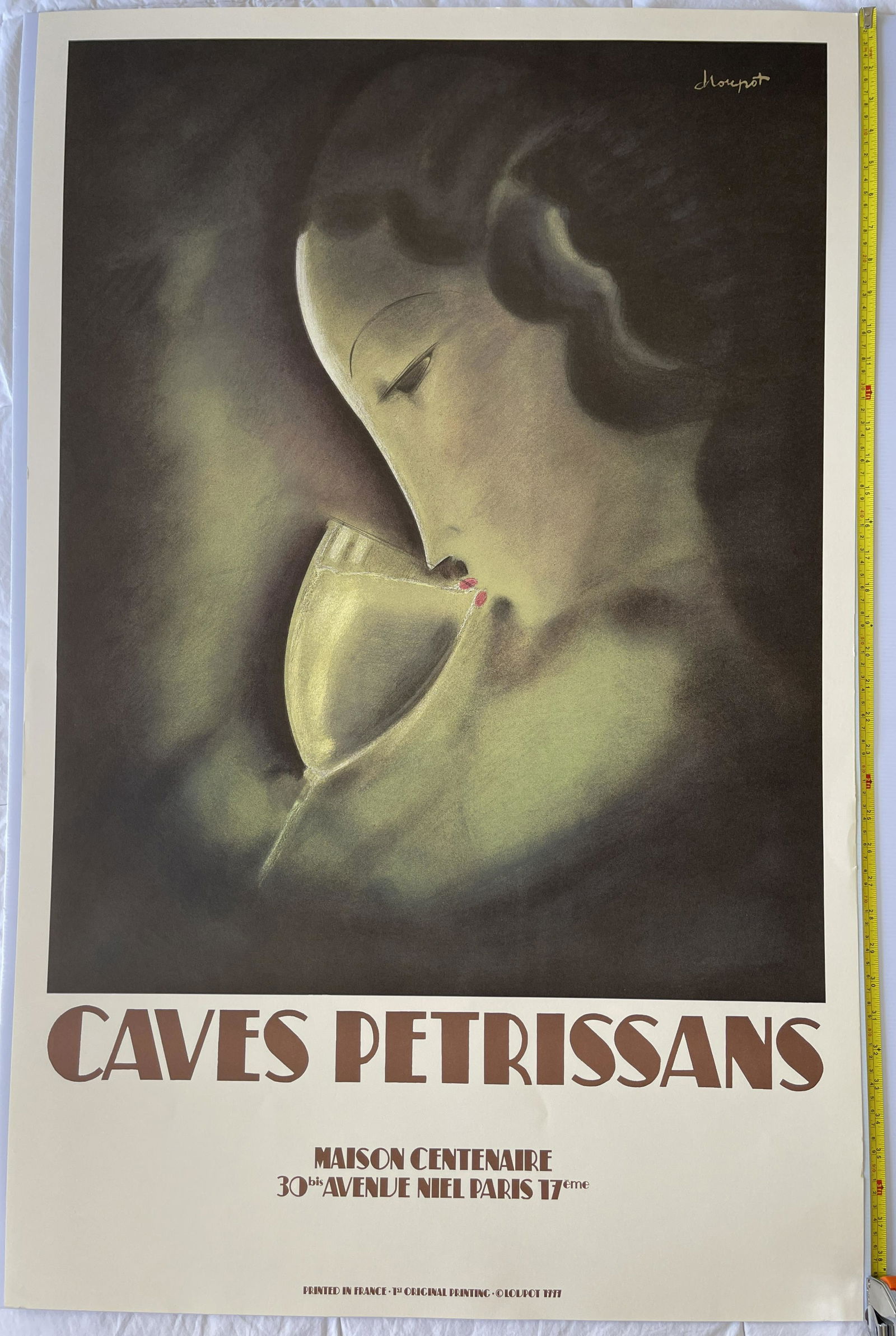 Charles Loupot Caves Petrissan ORIGINAL: This is an attractive image created by the noted Swiss poster artist, Charles Loupot. His design is used by Caves Petrissan , a noted wine bar in Paris, 1990. 40 inches high.