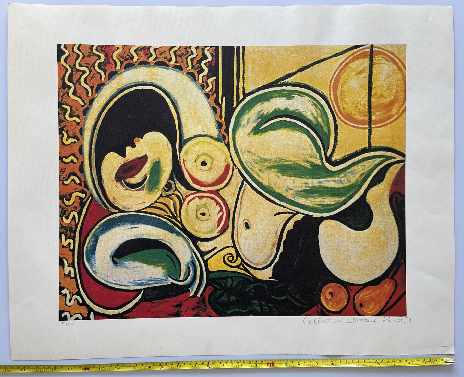 PABLO PICASSO RECLINING NUDE WITH SUN: PABLO PICASSO RECLINING NUDE WITH SUN. Signed by Collection Domaine Picasso. Numbered and stamped with official stamp. # 79 / 500. 29 inches wide.