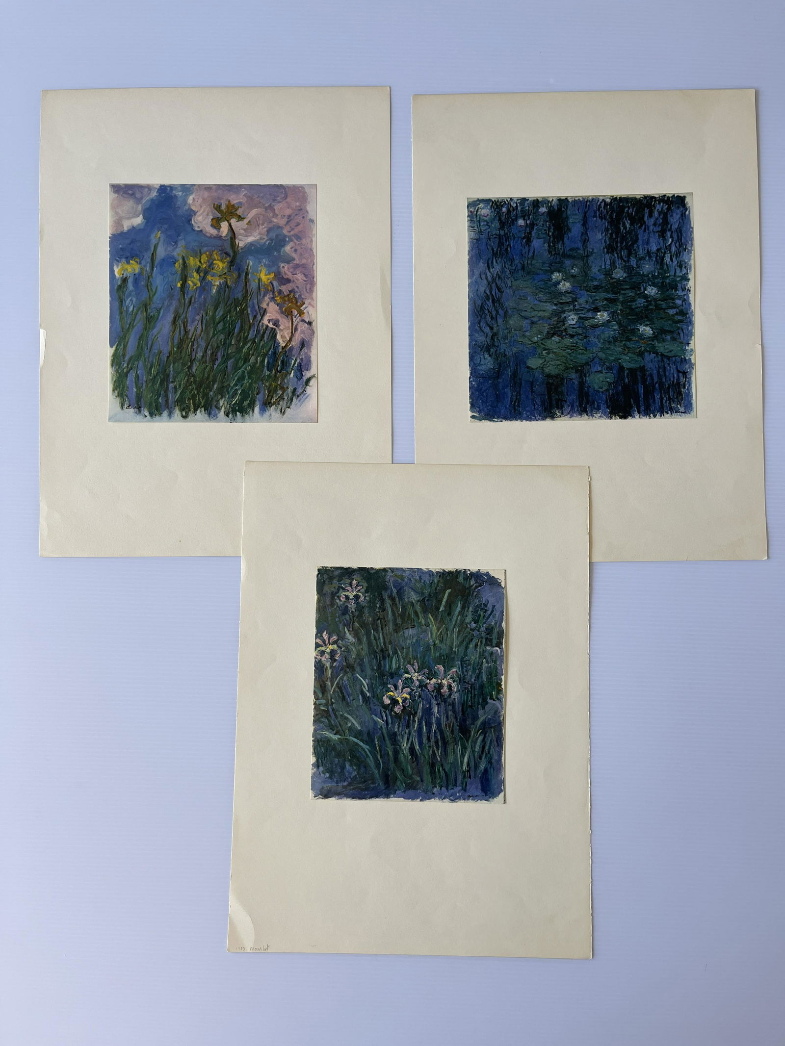 CLAUDE MONET LITHO SET OF 3: CLAUDE MONET LITHO SET OF 3 BOOKEPLATES. With lithos TIPPED-IN - glued to paper at top. From DLM Maeght 1953. Includes photo by Henri Cartier-Bresson bookplate.