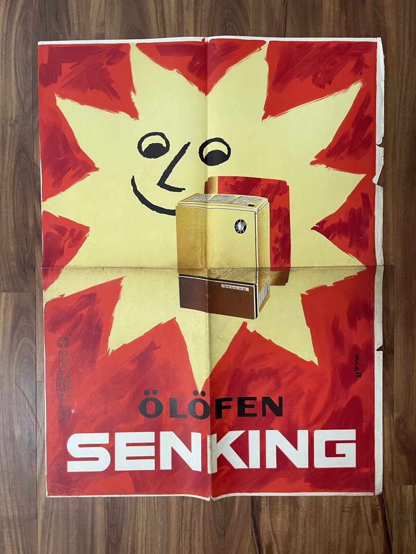 OLOFEN SENKING HOME HEATERS: OLOFEN SENKING HOME HEATERS PRINTED BY DE LA VASSELAIS PARIS. ART BY ONELL. 23 X 32. Machine folded as distributed with various issues shown in the pictures.
