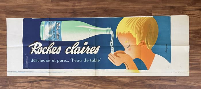CLEAR ROCKS TABLE WATER: CLEAR ROCKS TABLE WATER. DELICIOUS AND PURE - PRINT ADVERTISING. PRINTED BY DE LA VASSELAIS. ART BY ALAIN GAUTHIER. LARGE SUBWAY SIZE POSTER 19 X 59. Machine folded as distributed with various issues