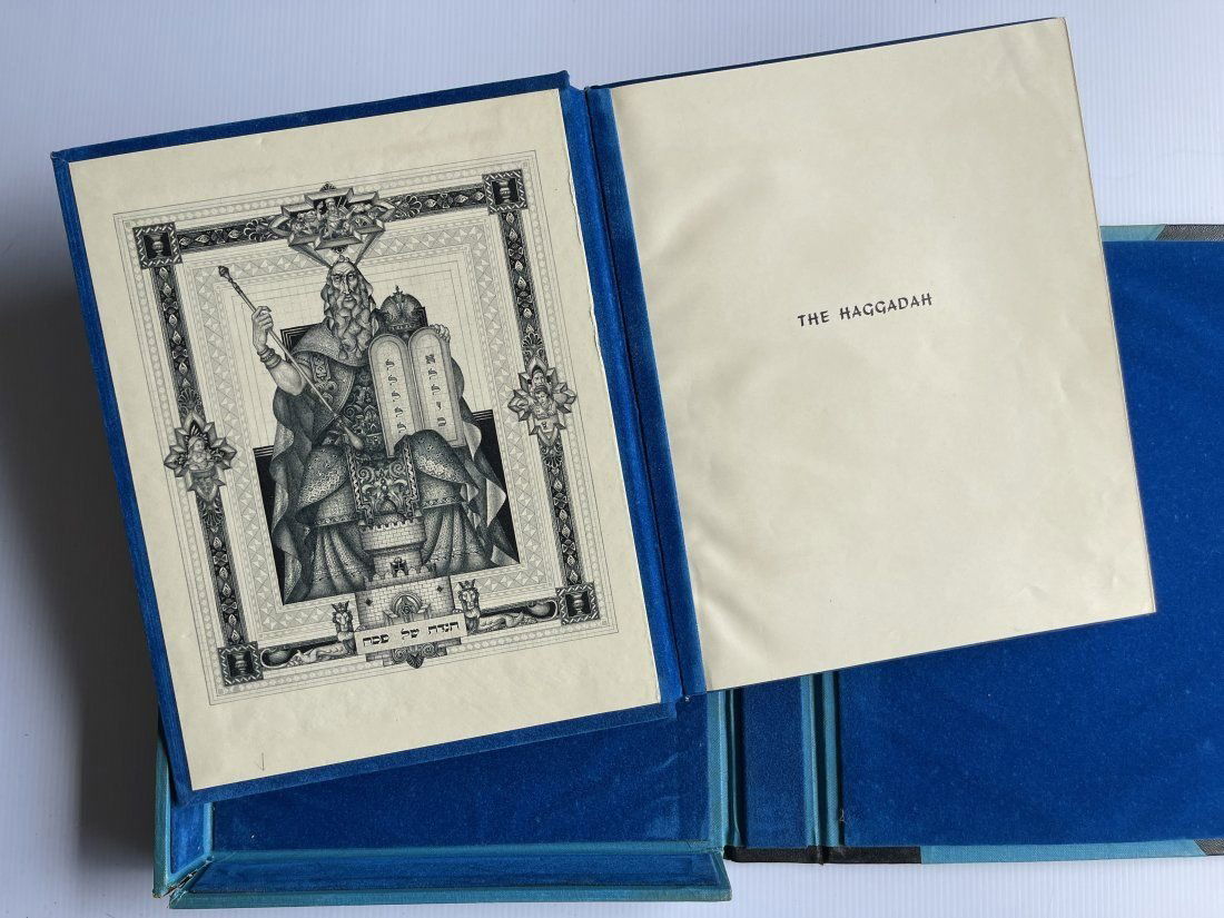 The Haggadah By Arthur Szyk: The Haggadah By Arthur Szyk. The Haggadah By Arthur Szyk Edited By Cecil Roth VG Condition. Published by Massada and Alimoth. 1957. Jerusalem, Tel-Aviv. Finely bound in in gilt-blocked blue velvet ove