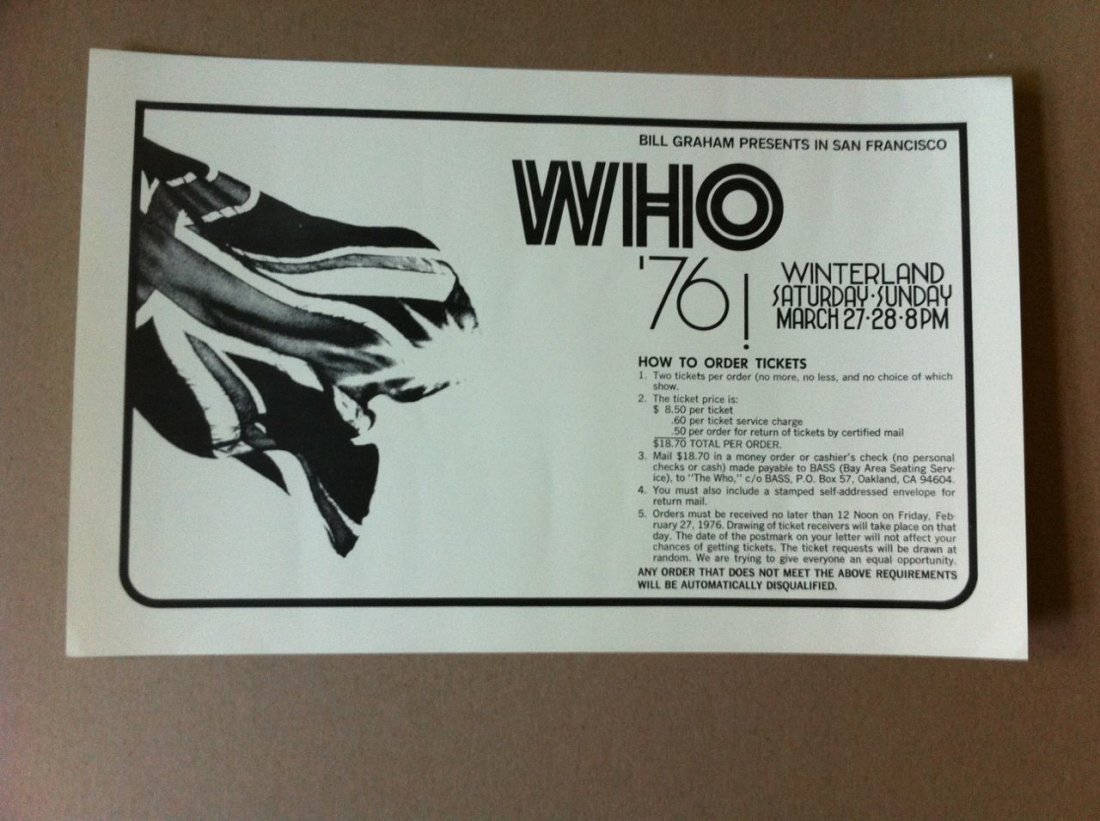 The Who - 1976 - Winterland: THE WHO Poster Winterland 1976 R.Tuten Bill Graham - BILL GRAHAM PRESENTS IN SAN FRANCISCO. The Who 1976. This poster measures 12 inches by 19 inches. Black on gold card stock. This poster was acquire