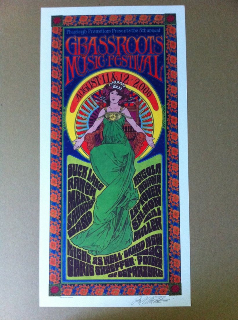 Grass Roots Music Festival 2000: Grassroots Music Festival 2000 Bob Masse SIGNED Concert Poster. Original 1st printing 12&1/2 x 25&1/2" concert poster for the 8/11-12/2000 Grassroots Music Festival at Buck Lake Ranch Angola, IN. Head