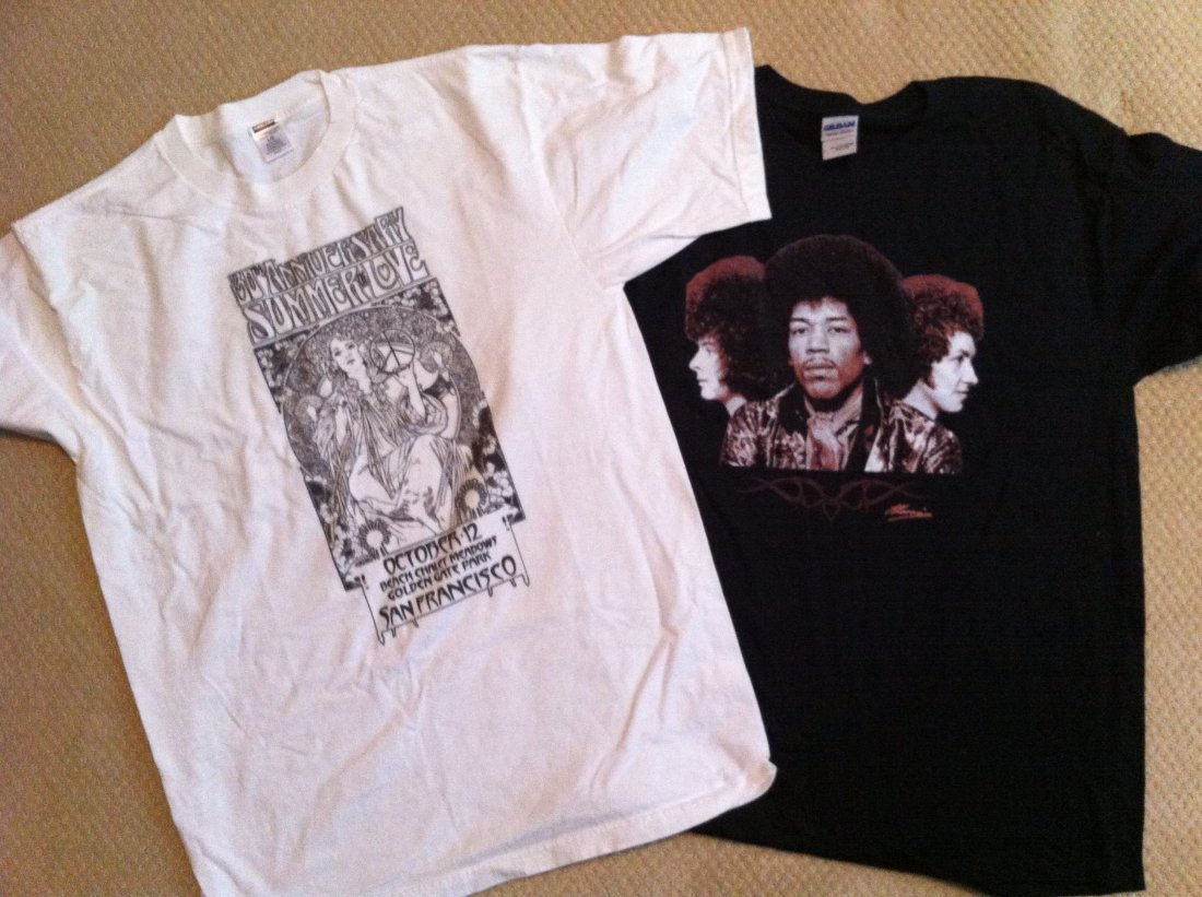 Two Rock and Roll Themed T-Shirts: Two large rock shirts. Summer Of Love (1969) shirt, and Jimi Hendrix Shirt. Both large - new and unworn.
