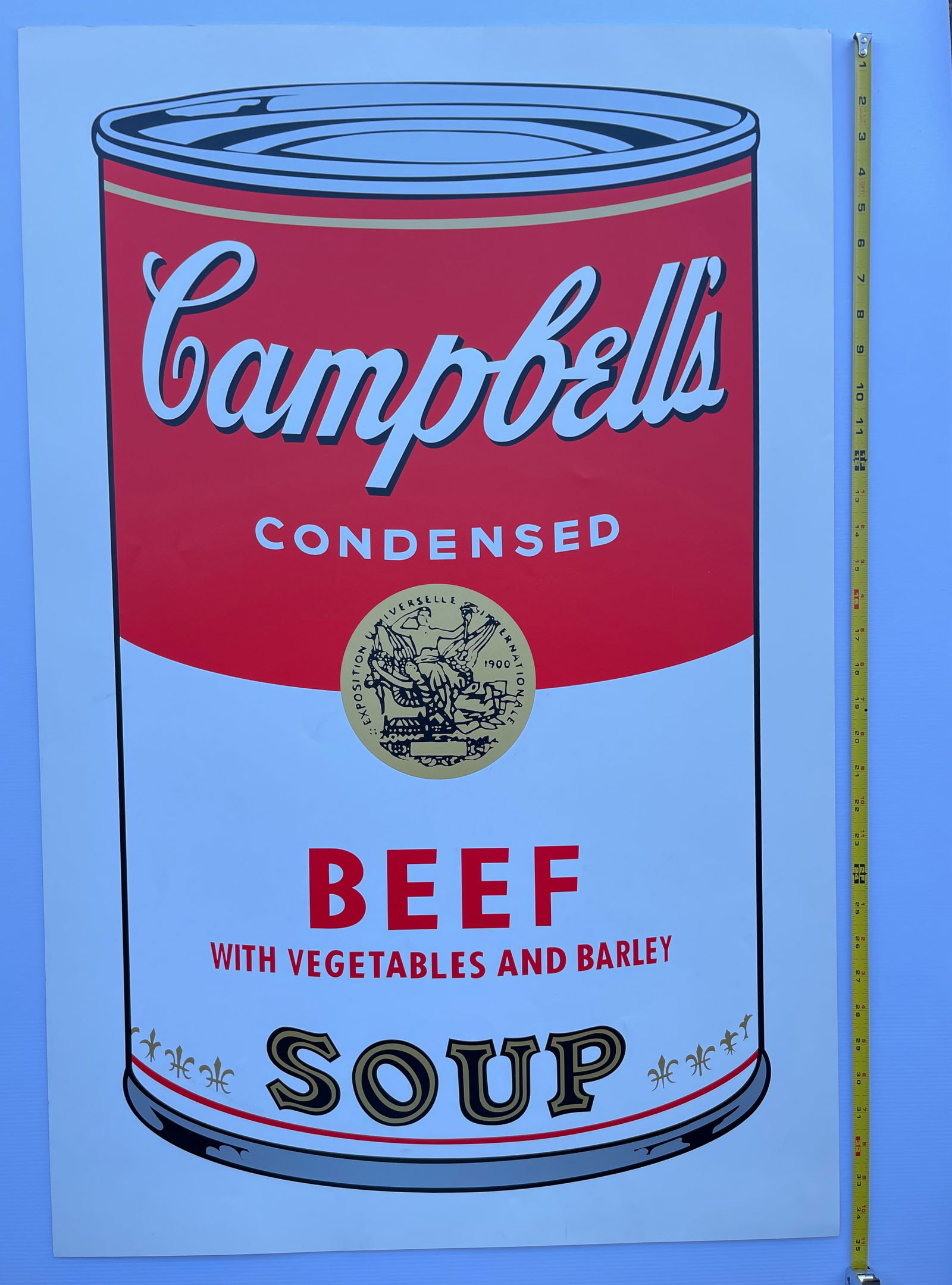 RARE SUNDAY B. MORNING WARHOL SOUP: RARE SUNDAY B. MORNING WARHOL CAMPBELLS SOUP. 23 X 35 WITH OFFICIAL STAMP ON BACK. On heavy poster stock. After Andy Warhol published his Factory Editions of Marilyn, Flowers and Campbells Soup Cans,