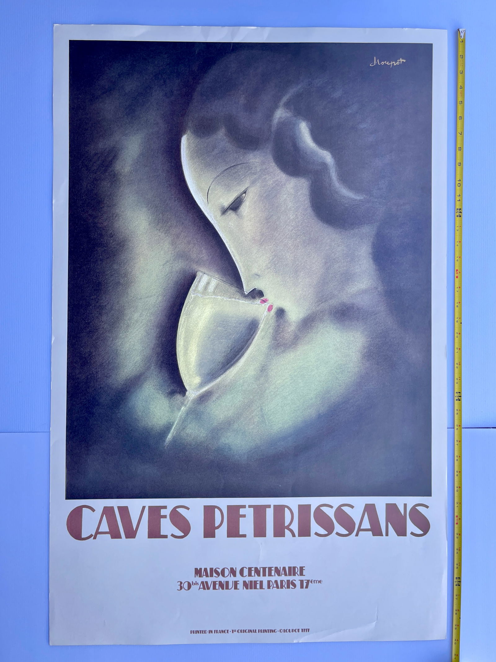CHARLES LOUPOT - CAVES PETRISSANS: CHARLES LOUPOT - CAVES PETRISSANS. 1990. 25 X 40 OH HEAVY POSTER PAPER. his is an attractive image created by the noted Swiss poster artist, Charles Loupot. His design is used by Caves Petrissan , a n