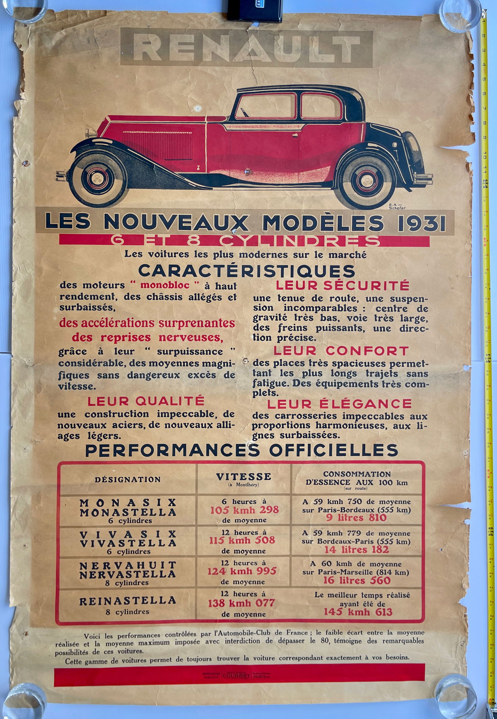 RARE - RENAULT 1931 MODELS POSTER: RARE - RENAULT 1931 MODELS POSTER. About 48 inches high. Art by E.A. Schefer. Printed in Paris by Courbet. READY FOR LINEN BACKING AND DISPLAY.