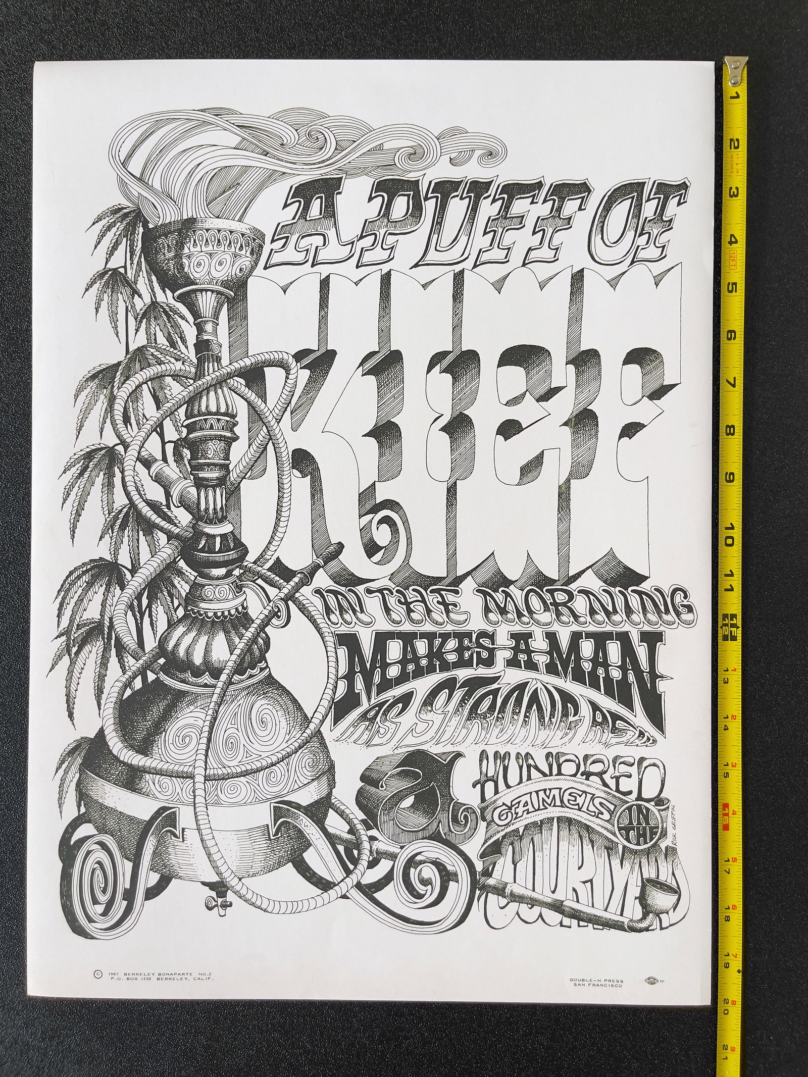 PUFF OF KEIF - 1967 - GRIFFIN: Rick Griffin designed this poster for the Berkeley Bonaparte company. “A Puff of Kief.” Features an illustration of a hookah and he slogan - A puff of kief in the morning makes a man as strong