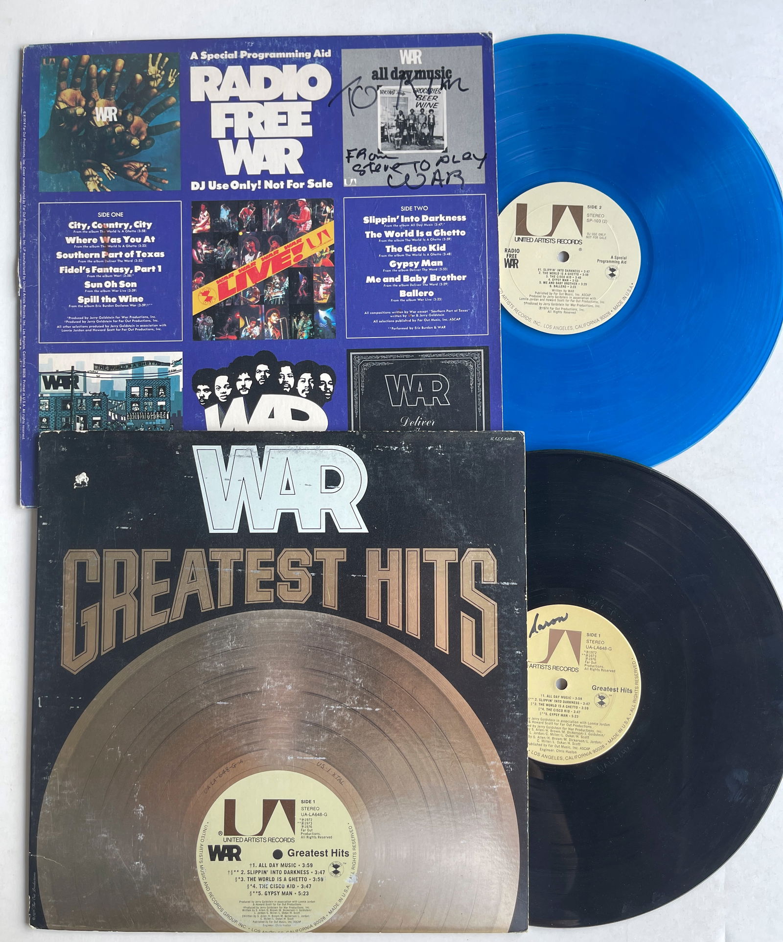 SET OF TWO WAR ALBUMS WITH RARE PROMO: War - Radio Free War PROMO ON BLUE VINYL, ($11 - $55). Promotional sampler issued for radio play; transparent blue vinyl LP. Labels state "DJ USE ONLY NOT FOR SALE”. AND - WAR’S GREATEST HITS