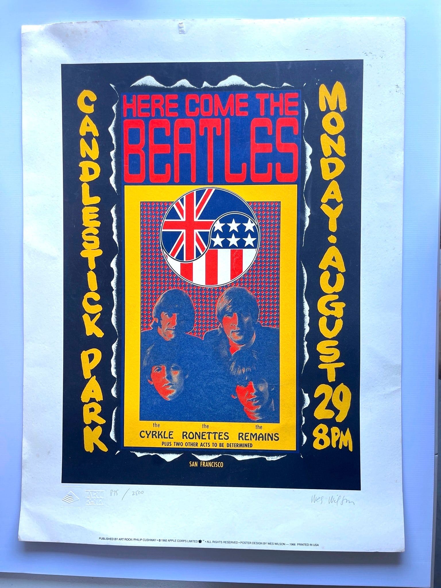 BEATLES CANDLESTICK PARK ART OF ROCK VERSION: BEATLES CANDLESTICK PARK ART OF ROCK VERSION. #875 / 2000. SIGNED BY WES WILSON. 23.75 X 32.375. edge wear - see images.