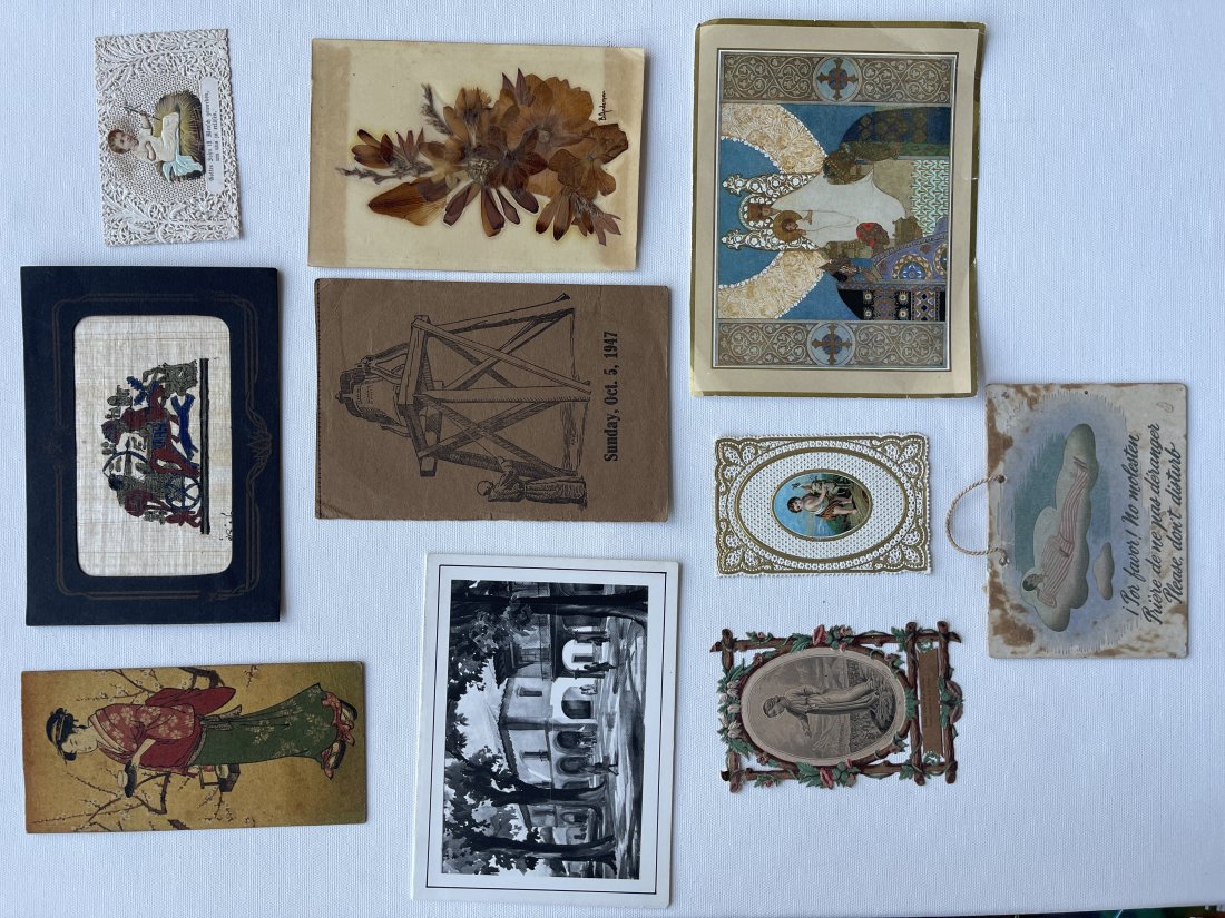 EPHEMERA - LARGE COLLECTION OF VINTAGE CARD EPHEMERA: EPHEMERA - LARGE COLLECTION OF VINTAGE CARD EPHEMERA WITH AN AMAZING POSSIBLY HAND PAINTED ASIAN ART CARD, EGYPTIAN ART, A BEUTIFUL HANDMADE PLANT BASED CARD WITH REAL LIVE PLANTS POSSIBLY FROM GERMAN