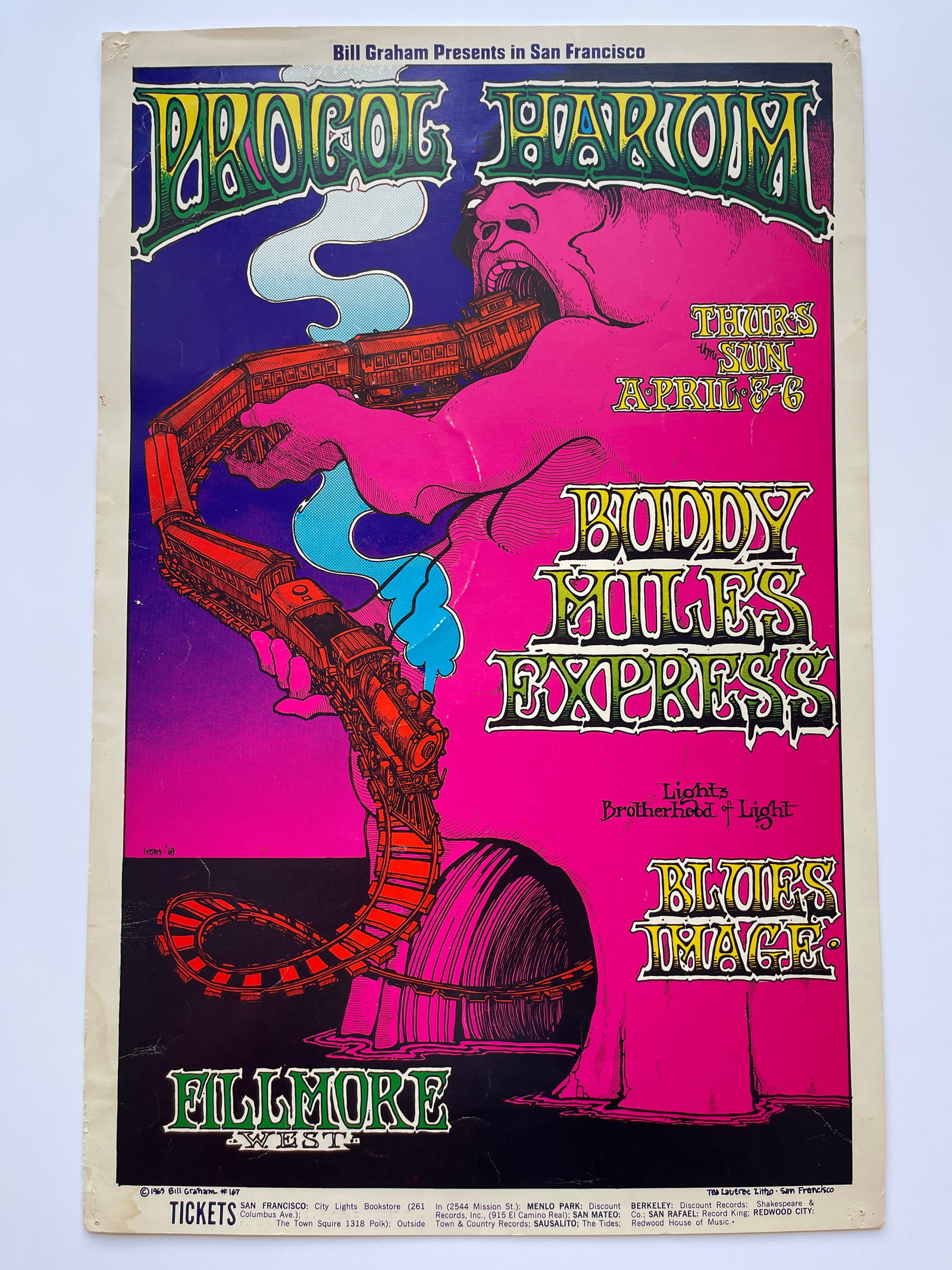 BG167 PROCOL HARUM 1st 1969: This was no kid's toy train set: Procol Harum and the Buddy Miles Express were on a trip to God-Knows-Where. BG167 is a good example of the balance and distinctive line quality that characterized Greg