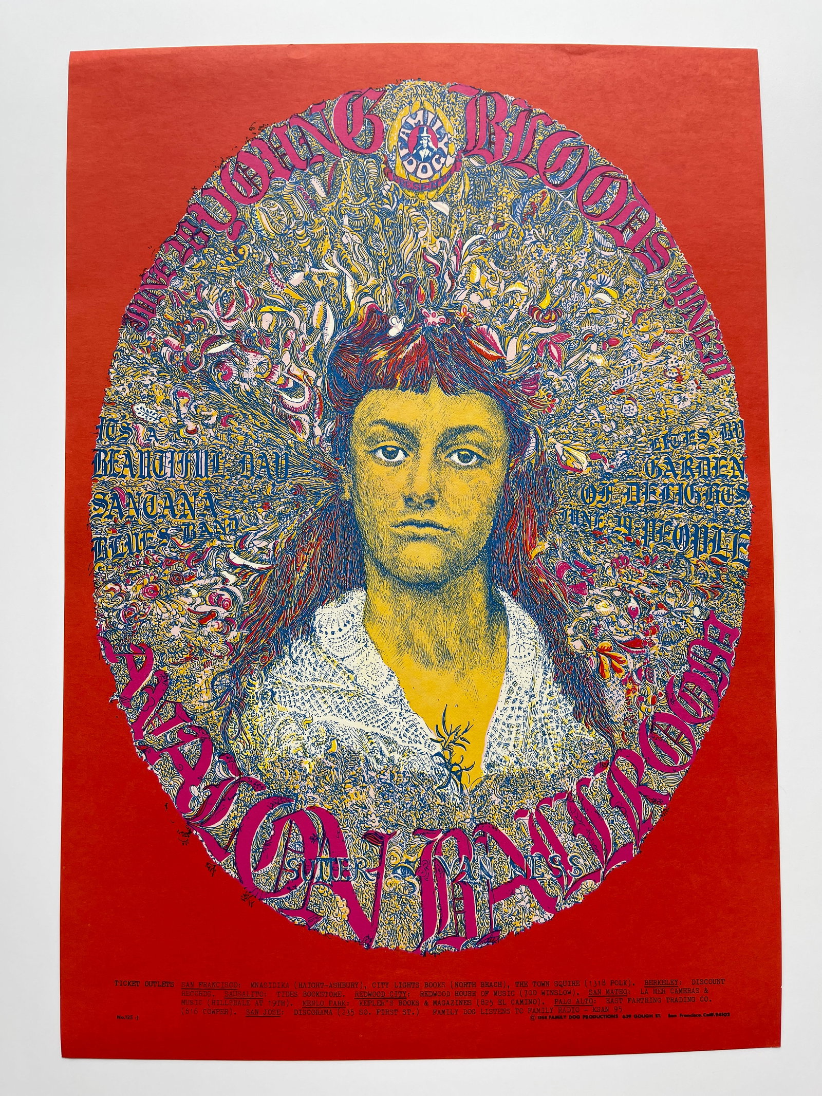 FD125 THE YOUNGBLOODS 1st 1968: The poster was only printed once before the concert. It measures 14" x 20”. Its a Beautiful Days. Santana. Art by David Warren.