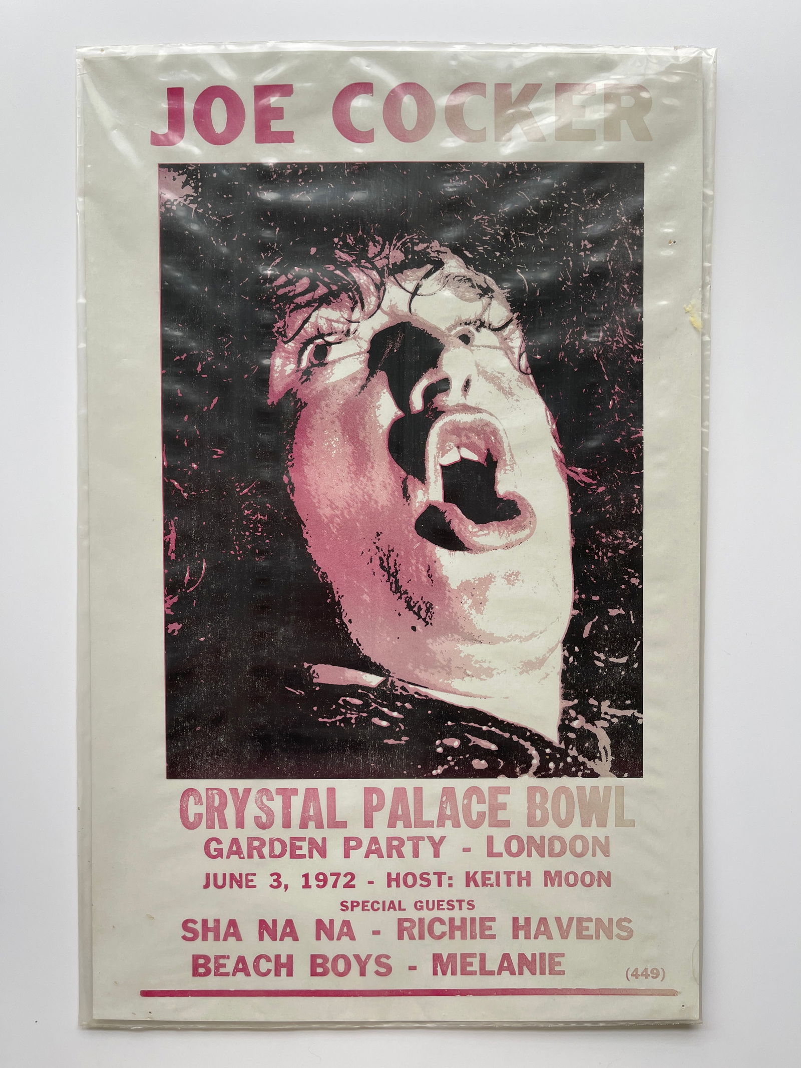 JOE COCKER CRYSTAL PALACE LONDON: JOE COCKER CRYSTAL PALACE LONDON. On heavy card stock. Recent re-print. 14 x 22. Hosted by Keith Moon. With Sea Na Na, Richie havens, Beach boys and Melanie.