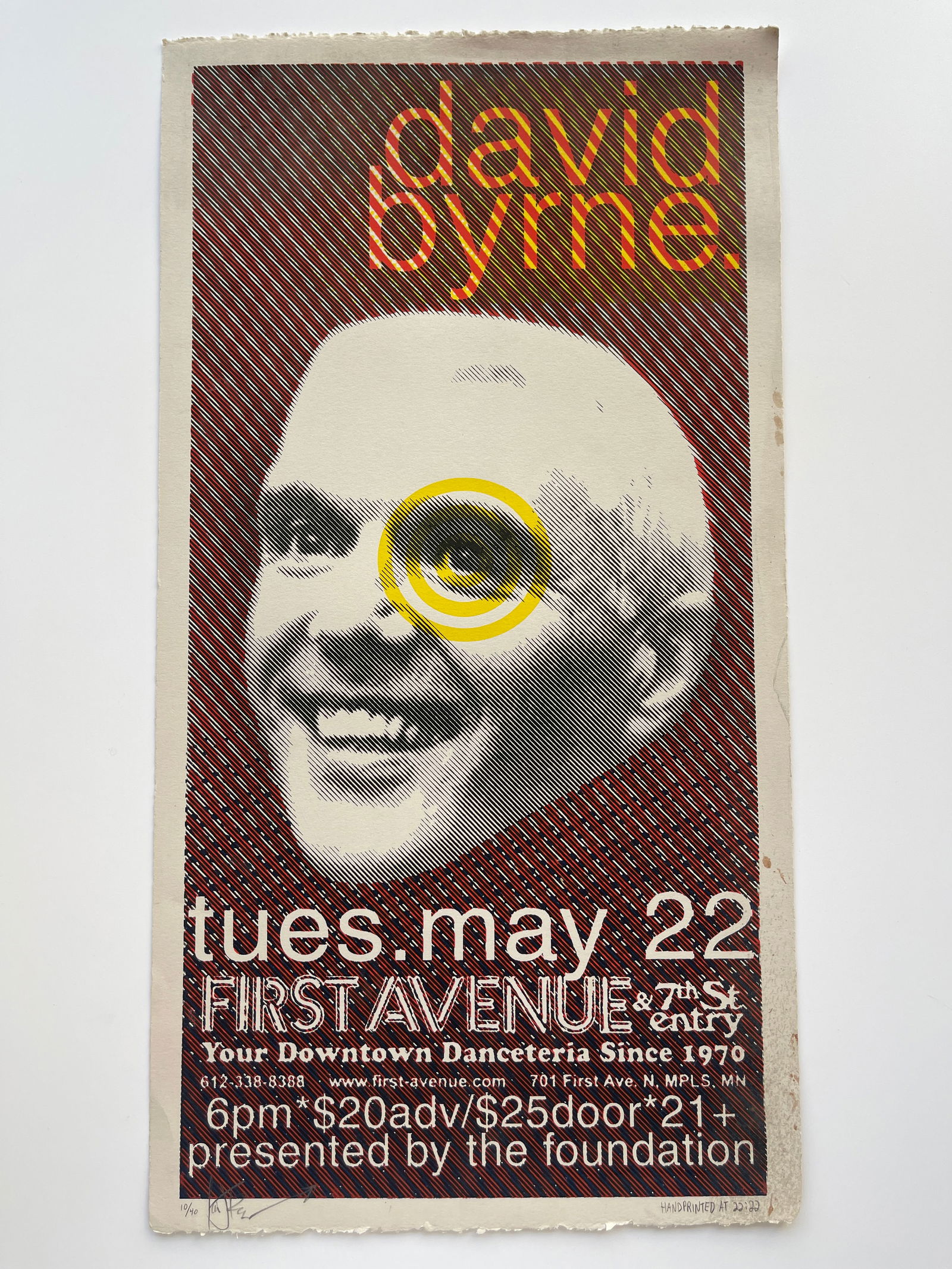 DAVID BYRNE AT FIRST AVE. MINNEAPOLIS: DAVID BYRNE AT FIRST AVE. MINNEAPOLIS SCREEN PRINT. SIGNED AND NUMBERED #10/40. 2001