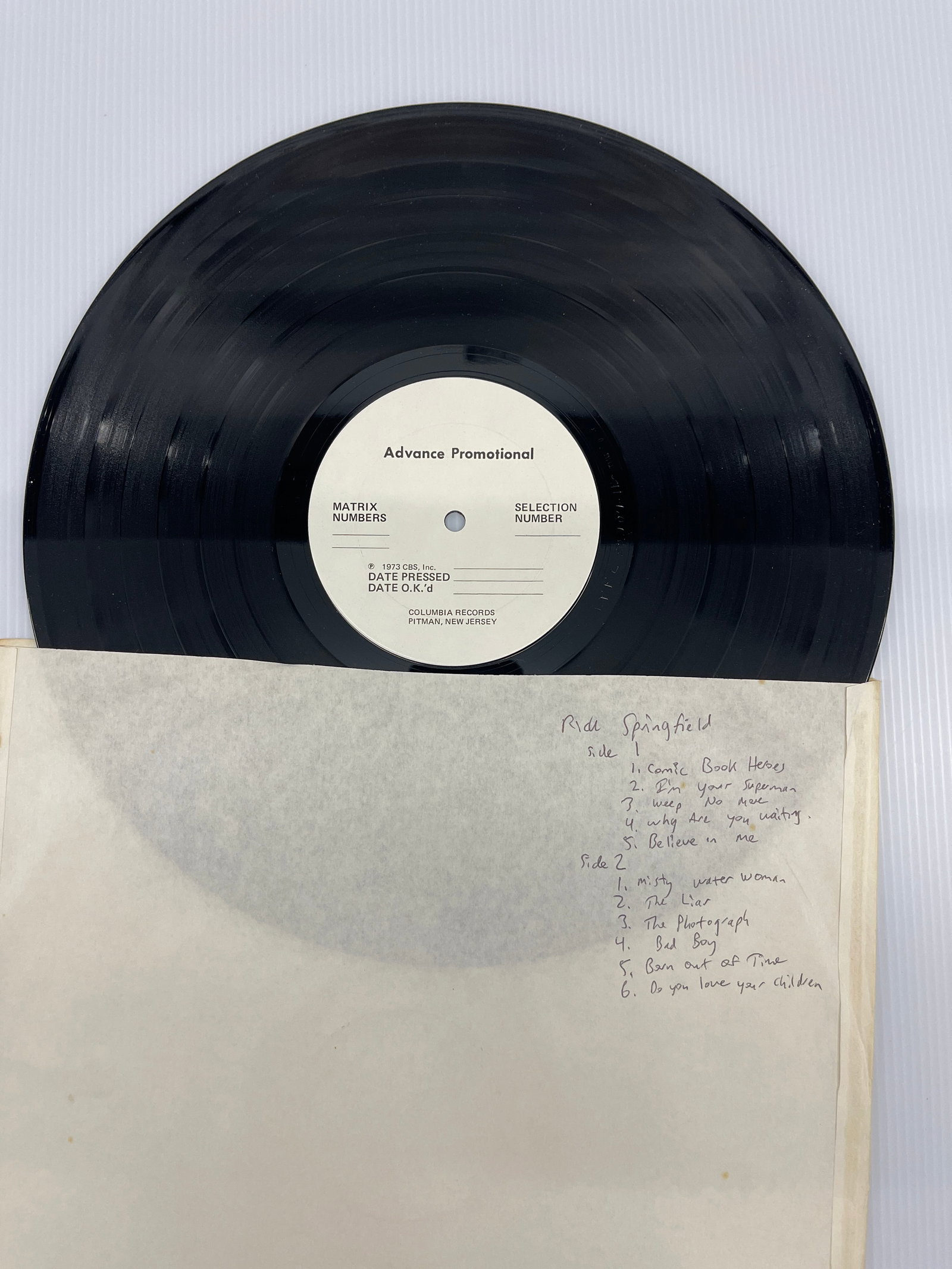 RICK SPRINGFIELD - ADVANCED PROMO: RICK SPRINGFIELD - ADVANCED PROMO. 1973. COMIC BOOK HEROES. Columbia – PC 32704.