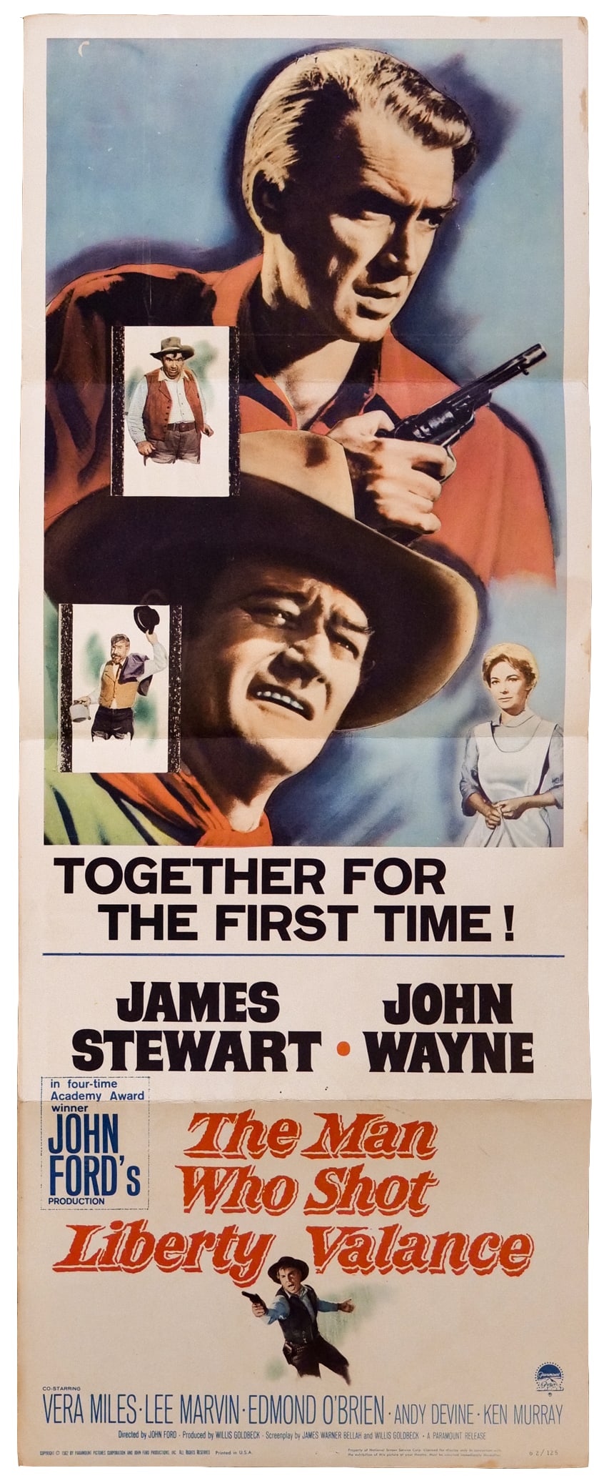 The Man Who Shot Liberty Valance (Paramount, 1962): The Man Who Shot Liberty Valance (Paramount, 1962). Insert (14" X 36"). One of the great Western classics, this John Ford tale demonstrates how the truth and facts are muddled into legends and myths.