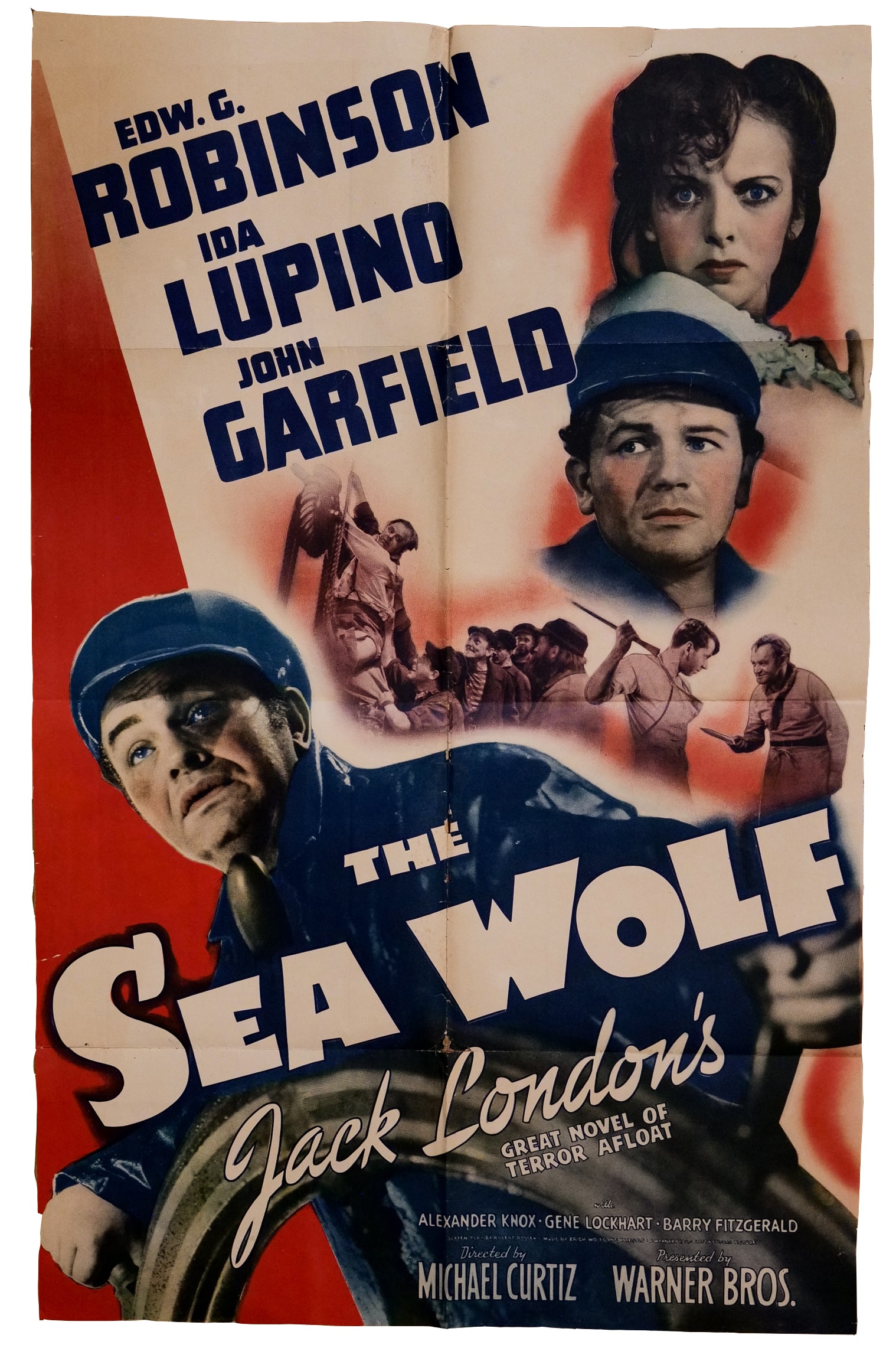 The Sea Wolf (Warner Brothers, 1941): The Sea Wolf (Warner Brothers, 1941). One Sheet (27" X 41"). One Sheet (27" X 41"). Based on Jack London's novel and directed by Michael Curtiz, this film stars Edward G. Robinson as Captain Wolf Lars