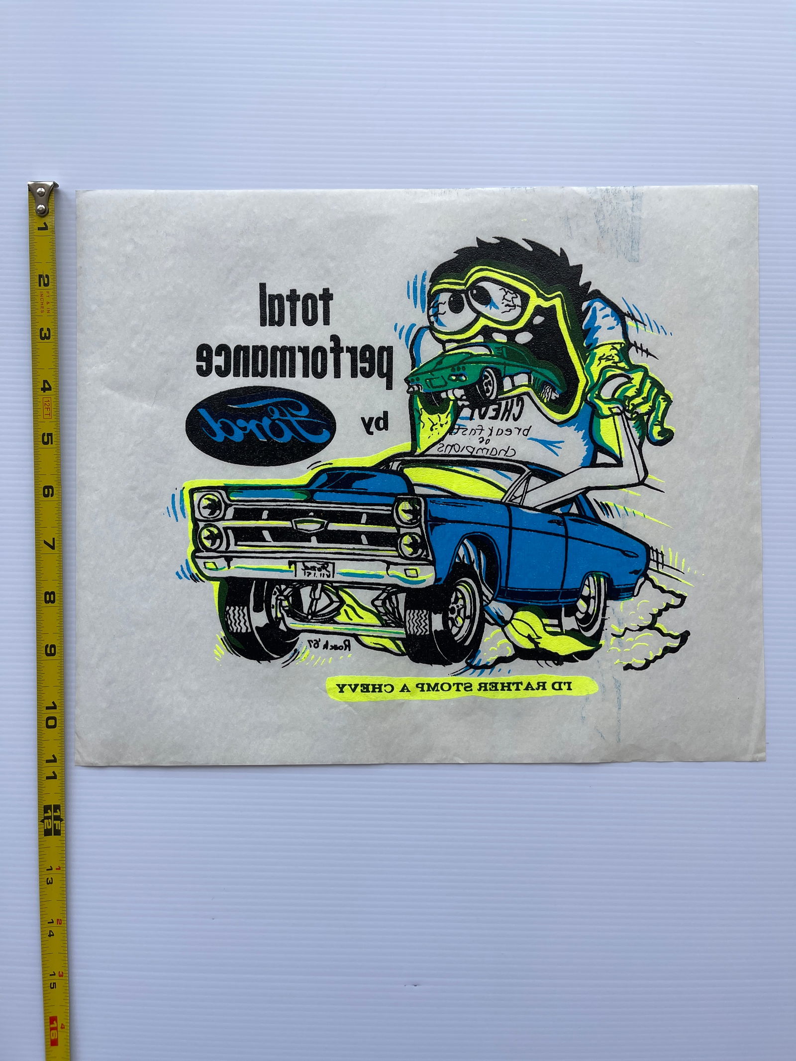 ORIGINAL 1967 FORD - RAT FINK STYLE T-SHIRT IRON ON - ROACH - NOS: ORIGINAL 1967 FORD - RAT FINK STYLE T-SHIRT IRON ON - ROACH - NOS. ROACH STUDIOS New Old Stock. 1972 Perma-Trans Products. Roach studios ad not included. Total Performance by FORD. I'd rather stomp a