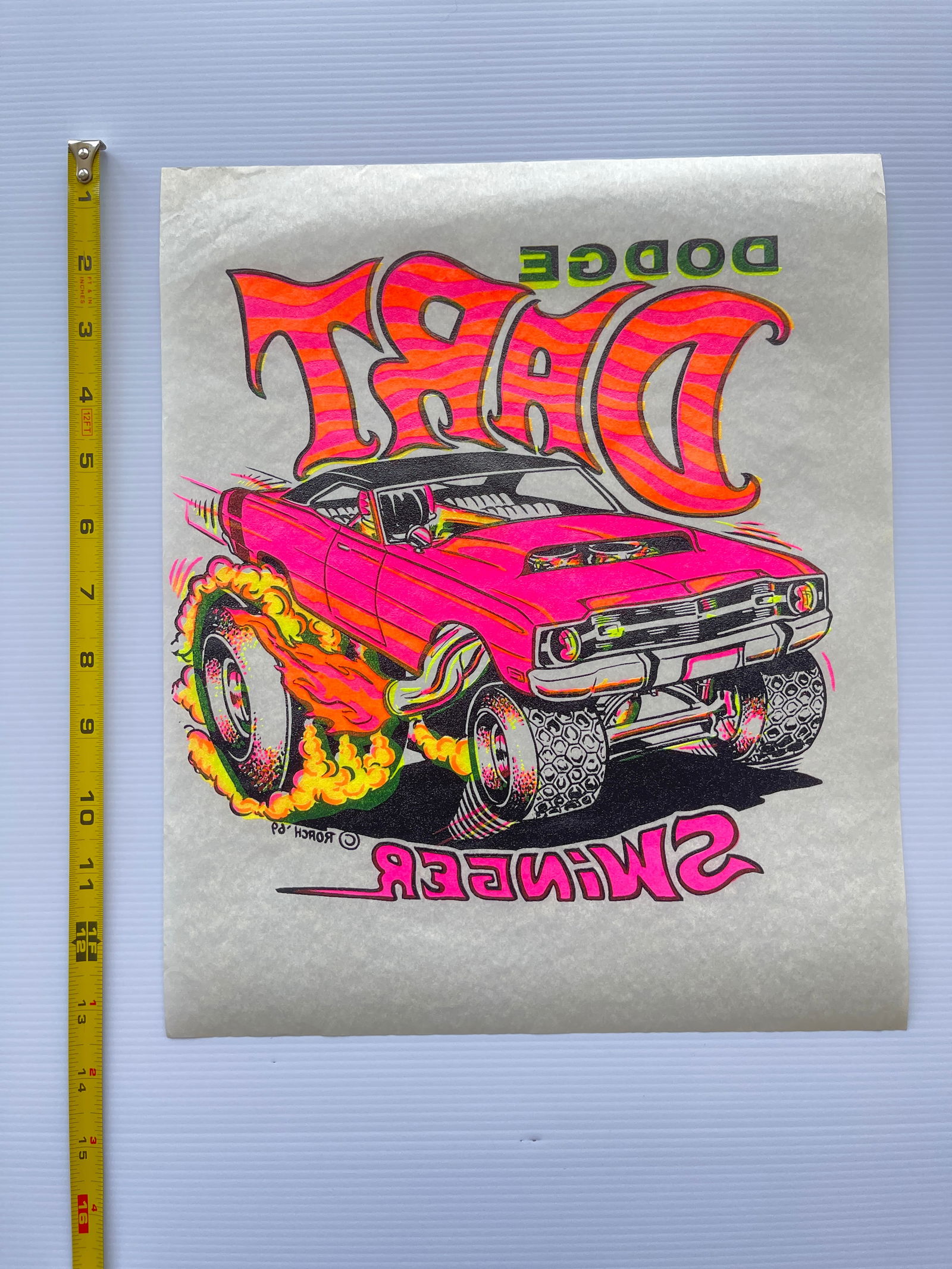ORIGINAL 1969 DODGE DART SWINGER - RAT FINK STYLE T-SHIRT IRON ON: ORIGINAL 1969 DODGE DART SWINGER - RAT FINK STYLE T-SHIRT IRON ON - ROACH - NOS. ROACH STUDIOS New Old Stock. 1969 Perma-Trans Products. Roach studios ad not included. Ed Roth Style art.