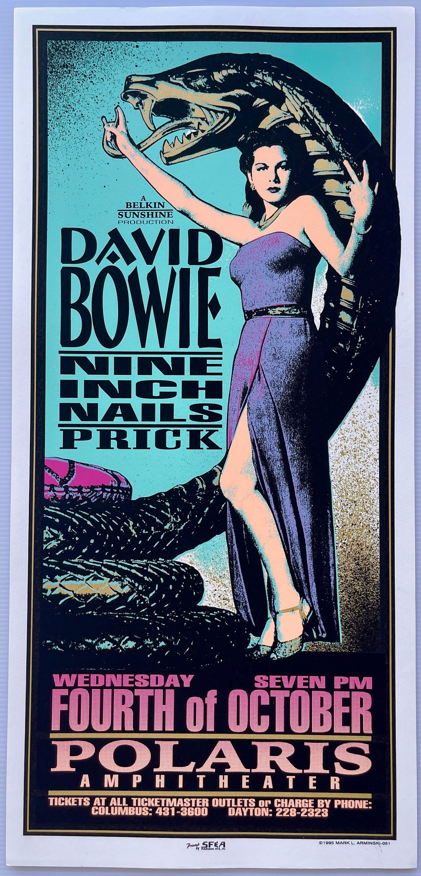 DAVID BOWIE - ARMINSKI - 1995: DAVID BOWIE - ARMINSKI - 1995 AT THE POLARIS AMPHITHEATER IN COLUMBUS OHIO. ABOUT 10 X 22 ORIGINAL SILKSCREEN.