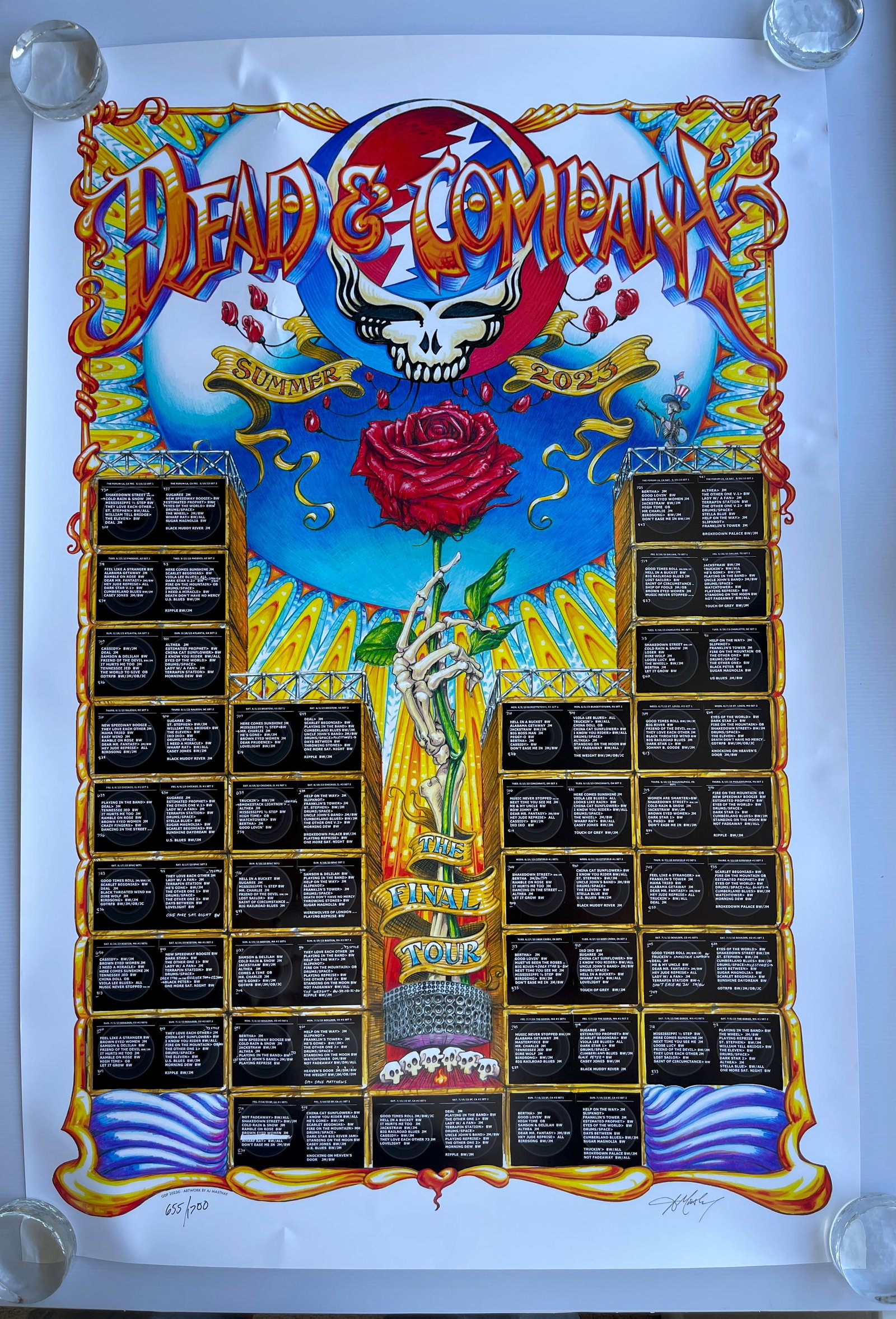 DEAD & COMPANY SUMMER 2023 TOUR POSTER - AJ MASTHAY: DEAD & COMPANY SUMMER 2023 TOUR POSTER - AJ MASTHAY. SIGNED AND NUMBERED #655 / 1700. 24 X 36. SLIGHT CREASIN AS SEEN IN IMAGES. WILL FLATTEN AND FRAME PERFECTLY. Dead & Company The Final Tour Set Lis