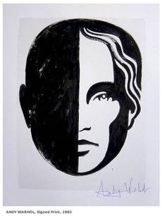 ANDY WARHOL, Signed Print, 1982: ANDY WARHOL, Signed Print, 1982 With CERTIFICATE OF AUTHENTICITY Andy WARHOL, "Face" signed Print. From a signed VIP book from 1982. Hand signed by Andy Warhol in blue pen. Size: 10.6 x 8.7 in (27 x 2