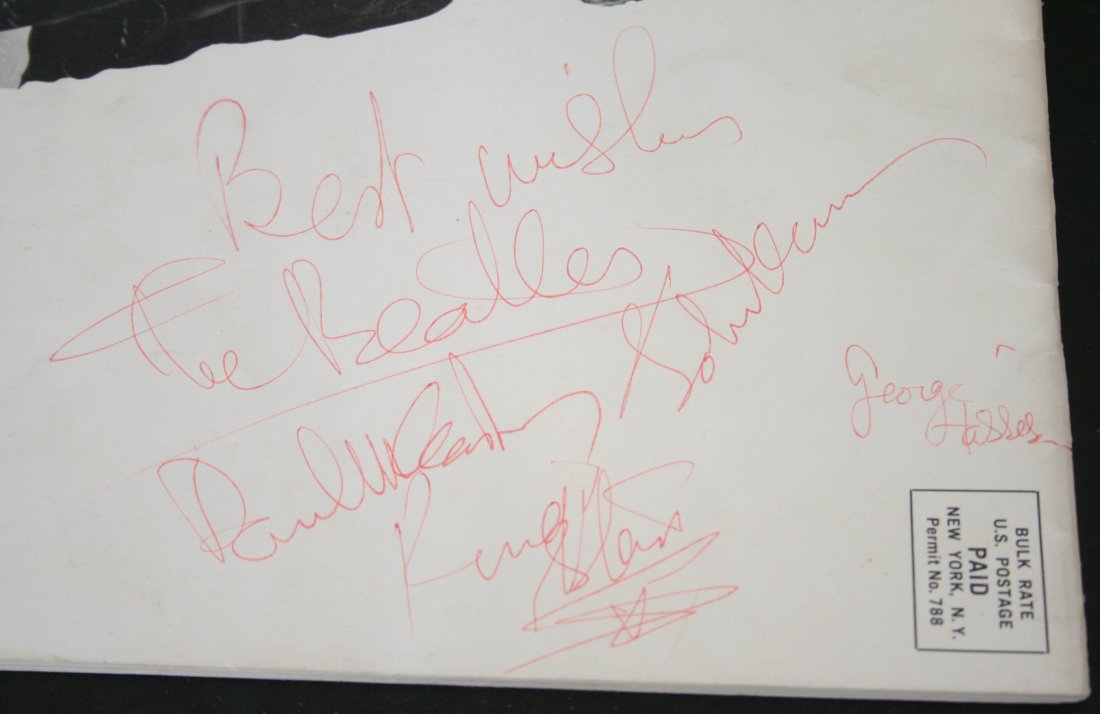 BEATLES SIGNED 1964 BEATLE BULLETIN - RARE: THIS IS YOUR CHANCE TO OWN HISTORY. A 1964 Beatle Bulletin from their fan club, with a complete set of all four Beatles autographs on the reverse side / back cover. John, Paul, George, and Ringo signe